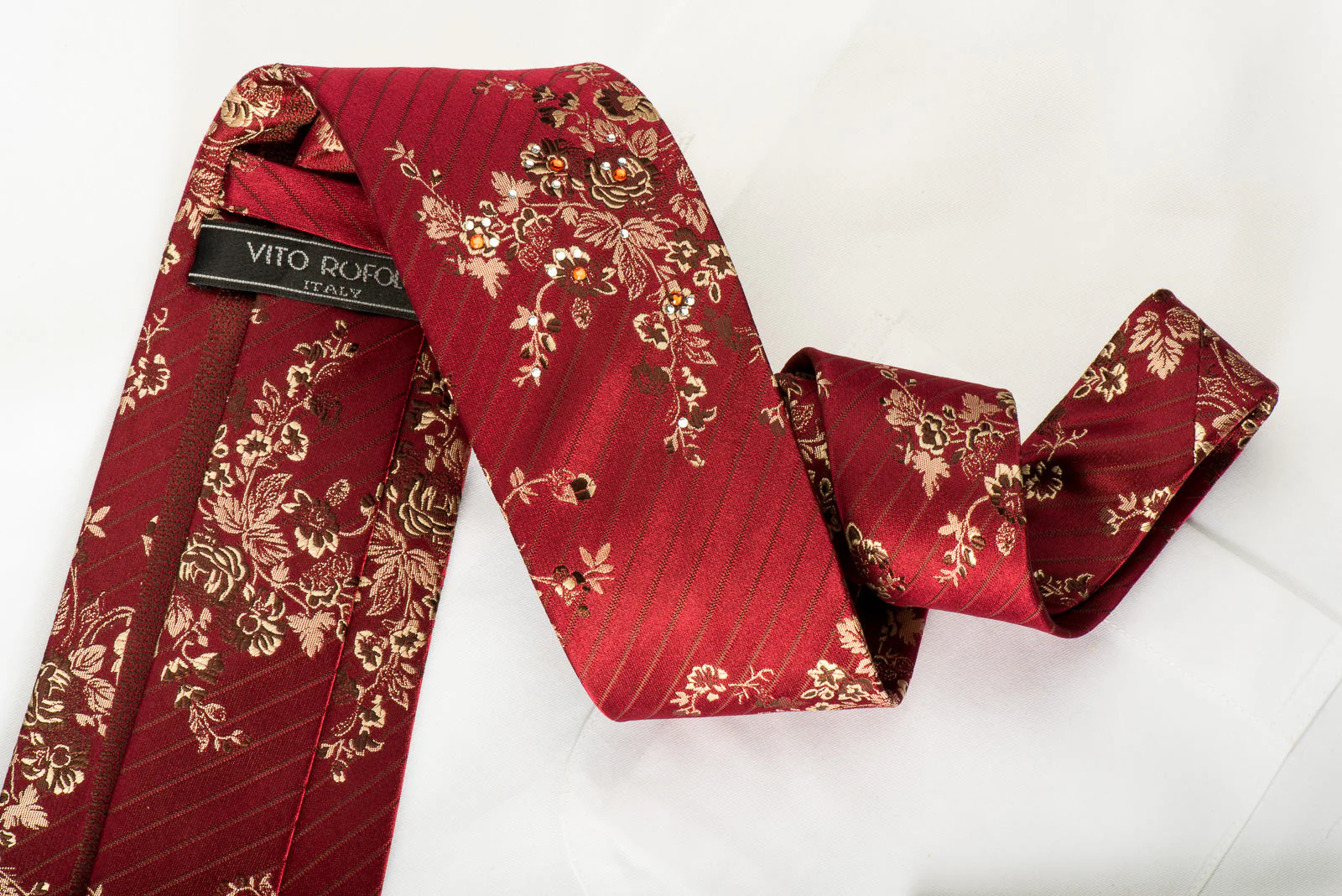 Vito Rufolo Silk Necktie Floral On Burgundy With Rhinestones - Image 5