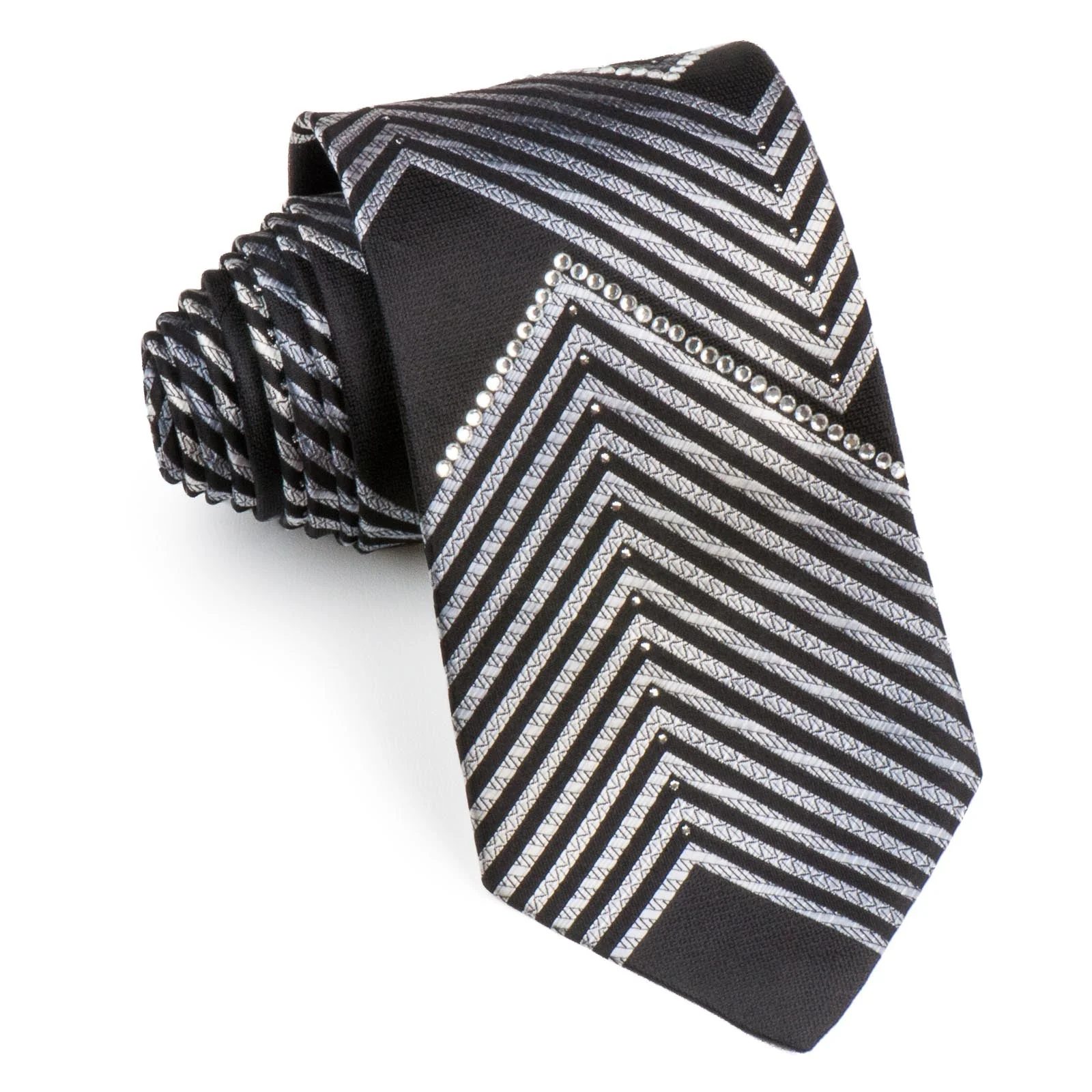 Vito Rufolo Silk Necktie Silver On Black With Rhinestones Classic 3 1/2 Inch