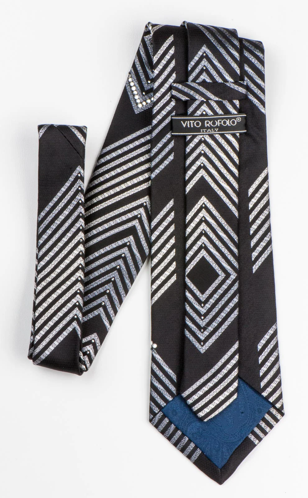 Vito Rufolo Silk Necktie Silver On Black With Rhinestones Classic 3 1/2 Inch - Image 2