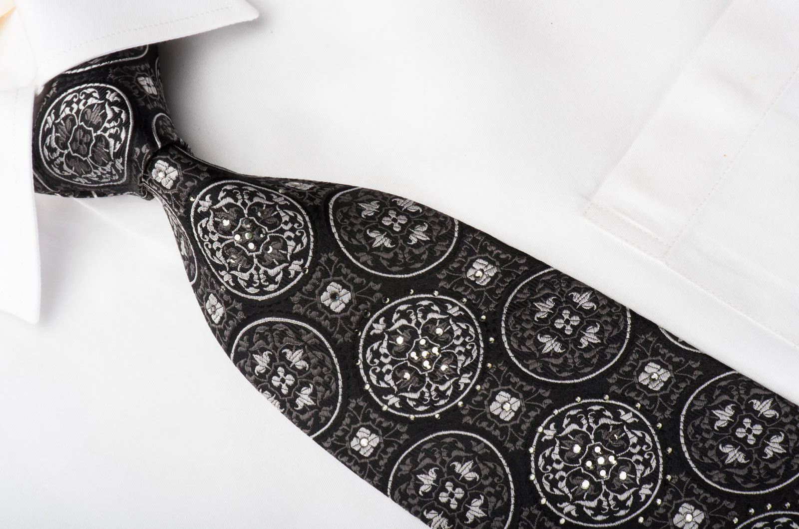 Vito Rufolo Silk Tie Silver Medallions On Black Sparkling With Rhinestones - Image 3