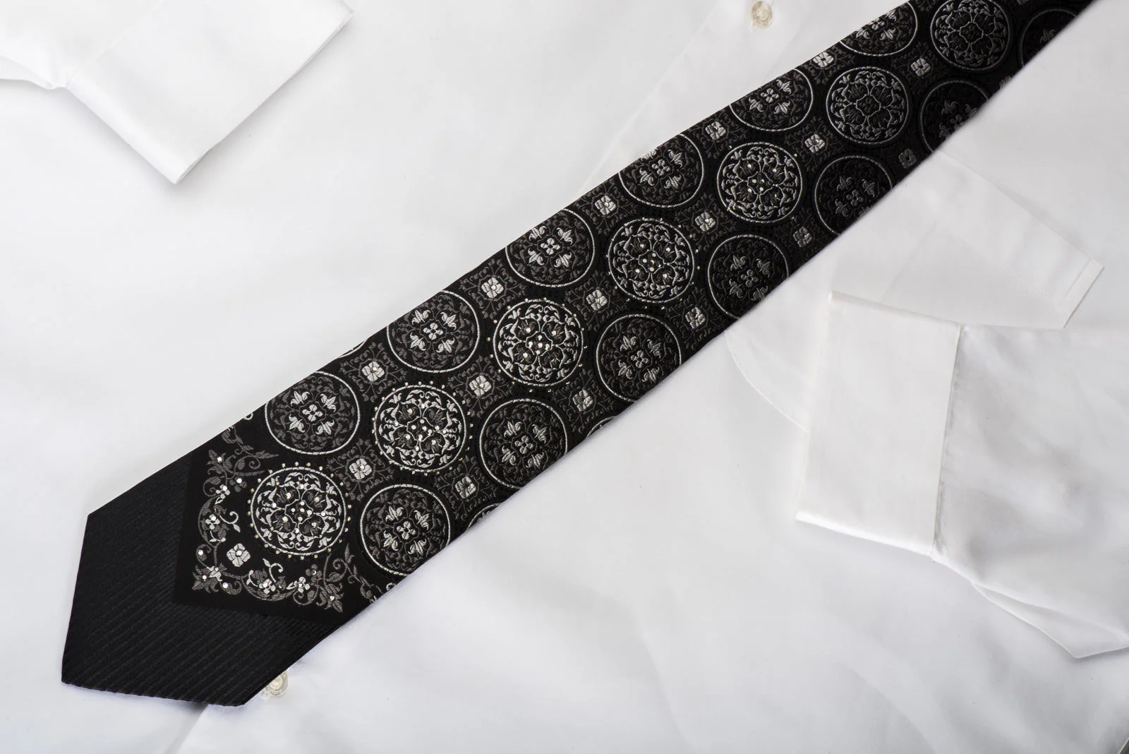 Vito Rufolo Silk Tie Silver Medallions On Black Sparkling With Rhinestones - Image 4
