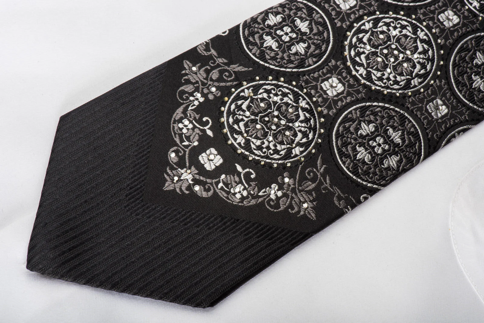 Vito Rufolo Silk Tie Silver Medallions On Black Sparkling With Rhinestones - Image 5