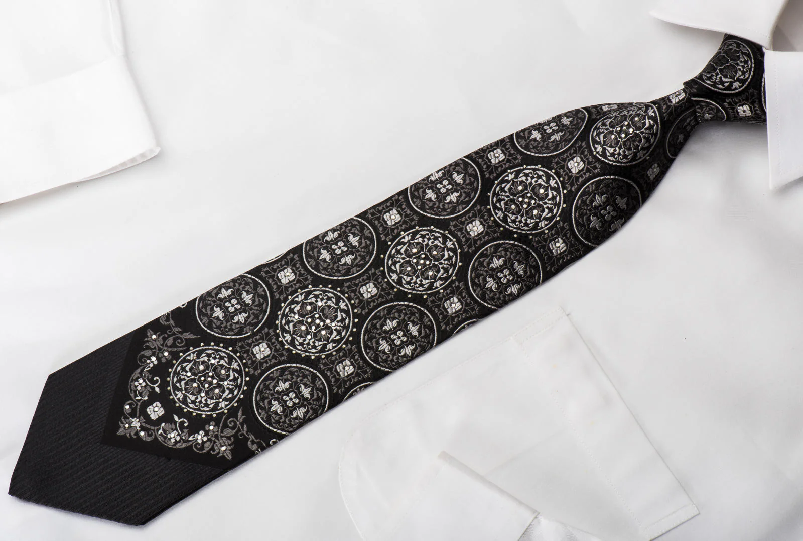 Vito Rufolo Silk Tie Silver Medallions On Black Sparkling With Rhinestones - Image 6