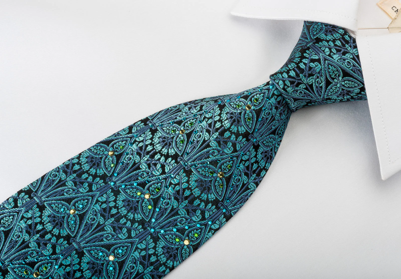 Vito Rufolo Silk Tie Turquoise Baroque On Navy With Crystal Rhinestones - Image 3