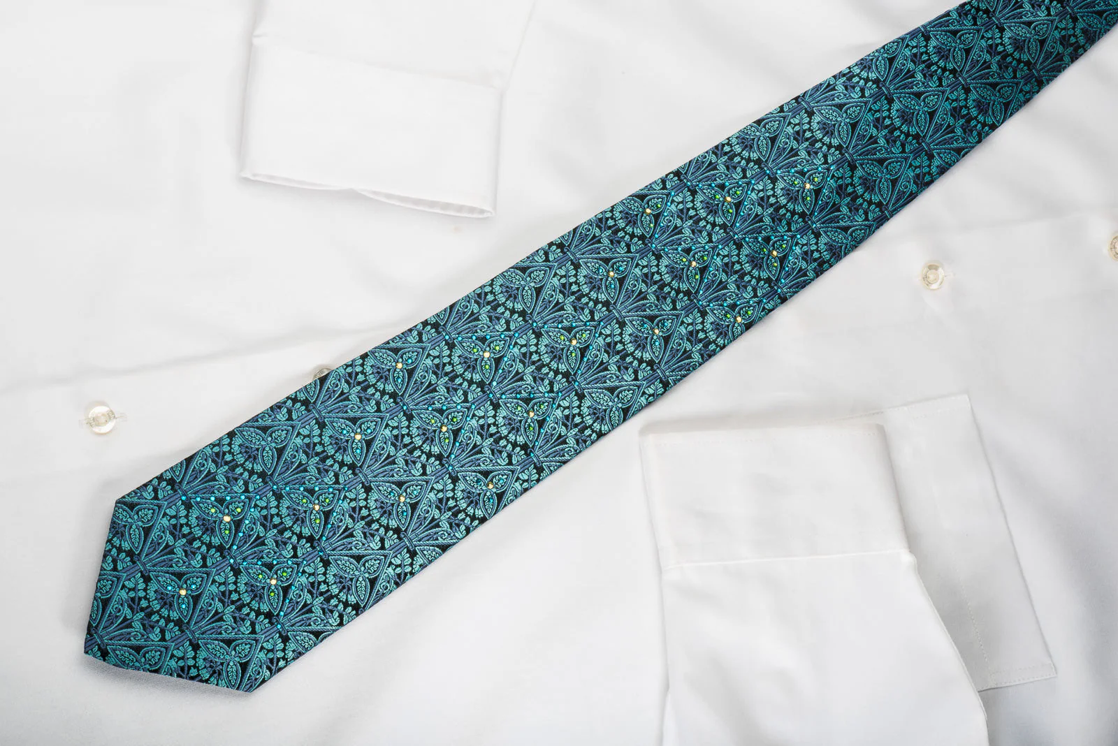 Vito Rufolo Silk Tie Turquoise Baroque On Navy With Crystal Rhinestones - Image 7
