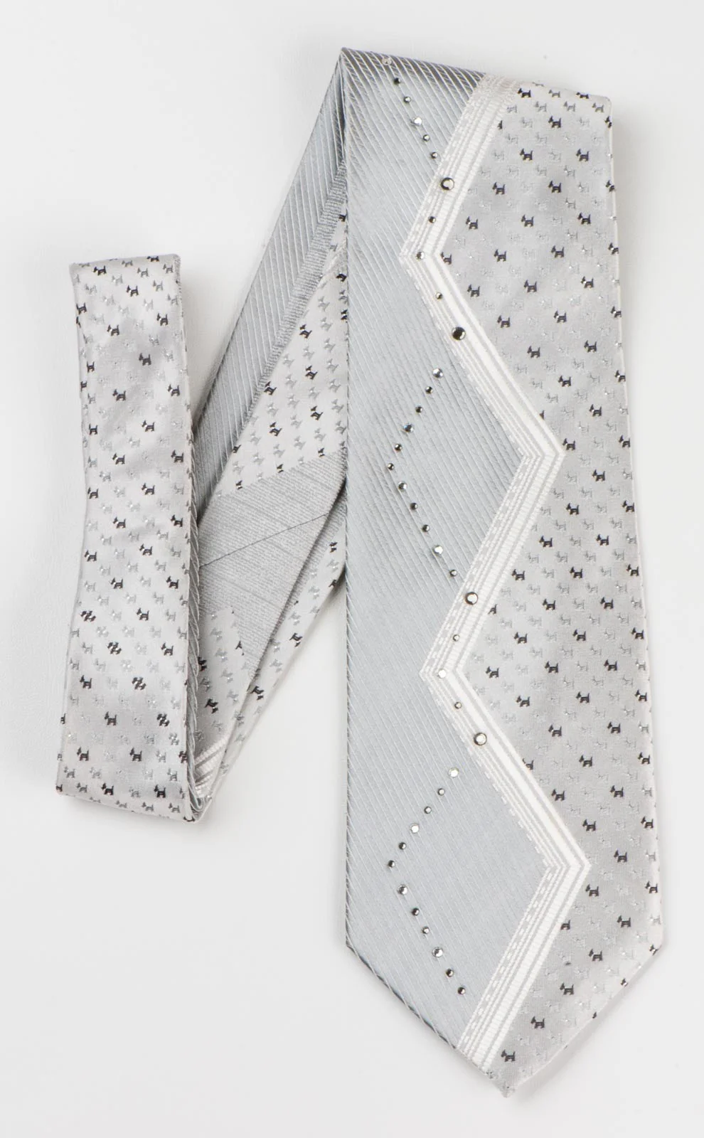 Vito Rufolo Silk Tie Zig Zag & Scottie Dogs On White & Silver With Rhinestones - Image 3