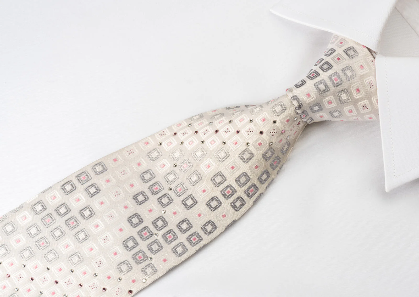 Vostro Rhinestone Silk Necktie Geometric Squares On White With Sparkles - Image 2