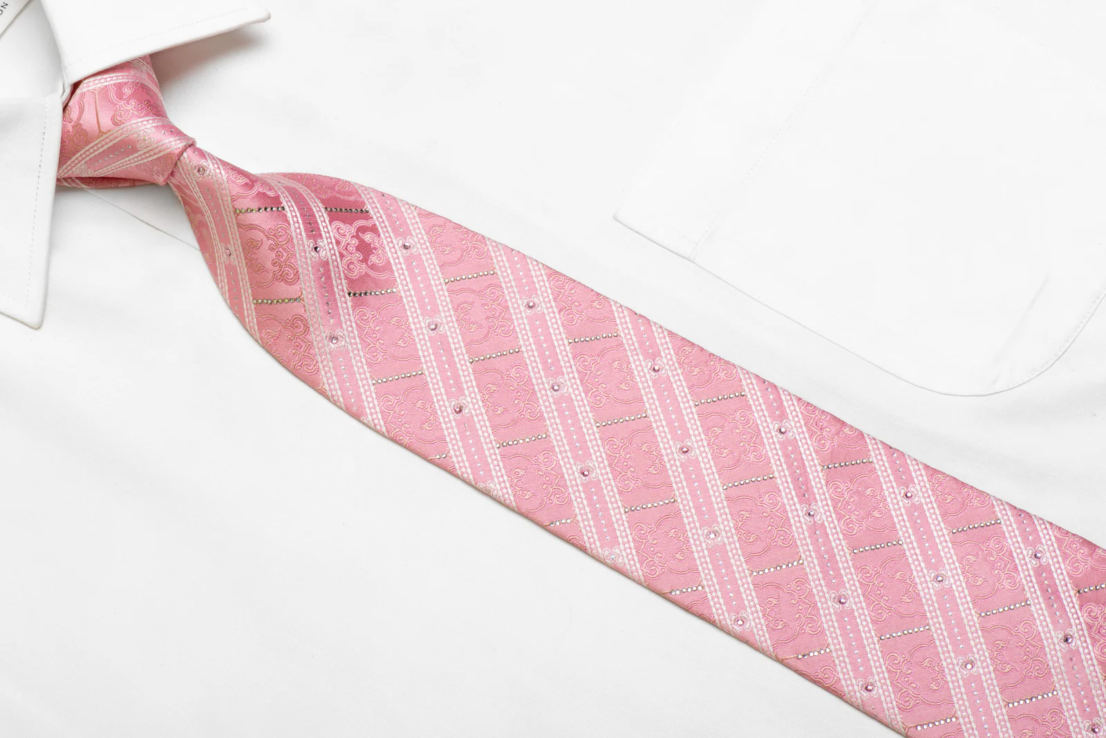 White Striped On Pink Rhinestone Silk Tie With Silver Sparkles - Image 2