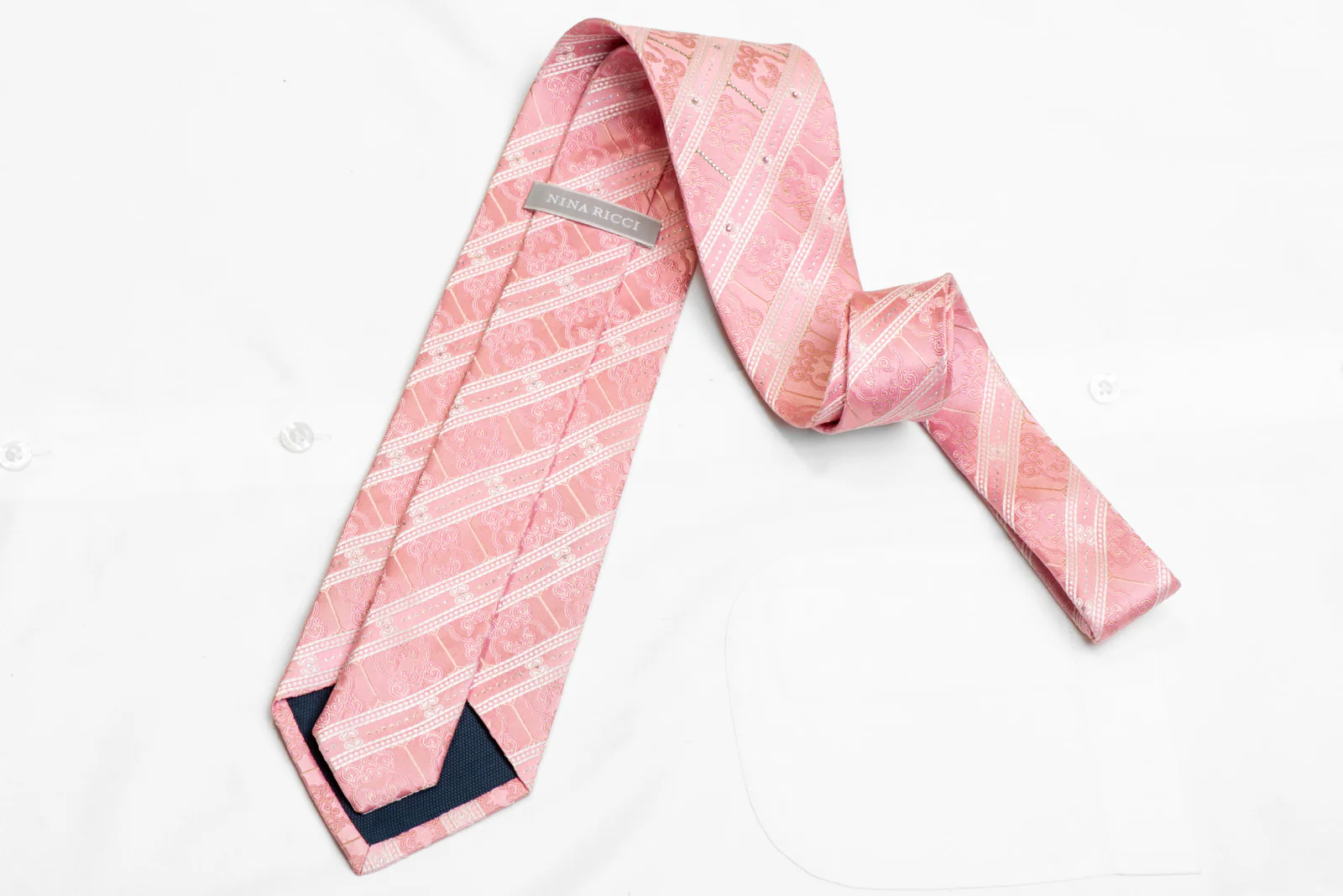 White Striped On Pink Rhinestone Silk Tie With Silver Sparkles - Image 4