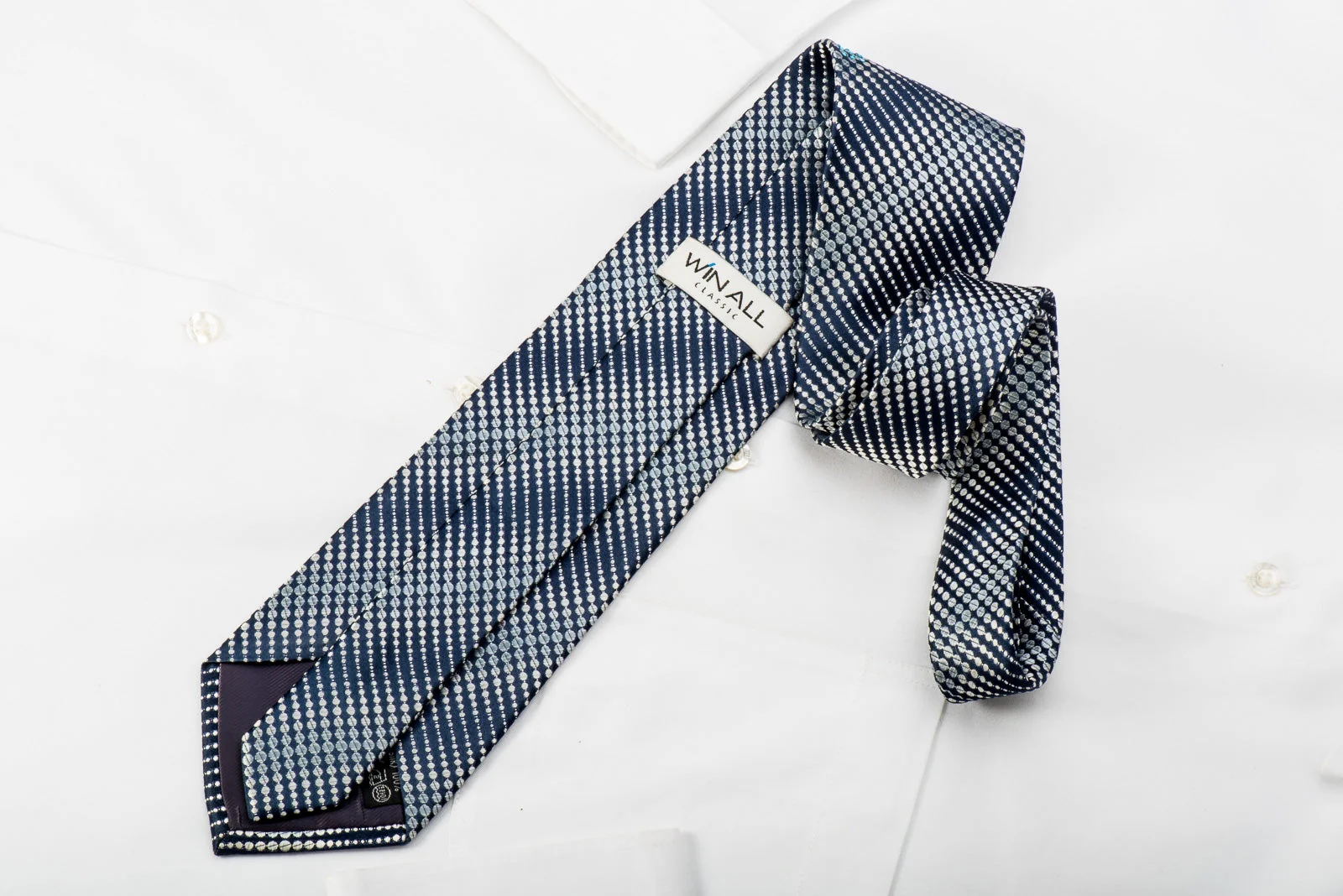 Win All Mens Rhinestone Silk Necktie Silver Dots on Navy With Silver Sparkles - Image 5