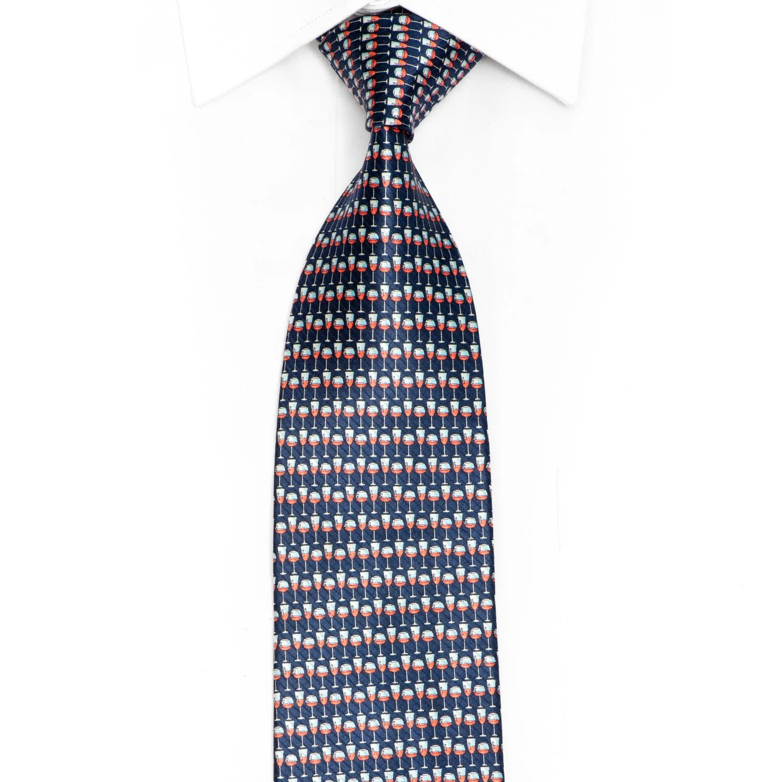 Wine Glass Print Silk Necktie On Navy