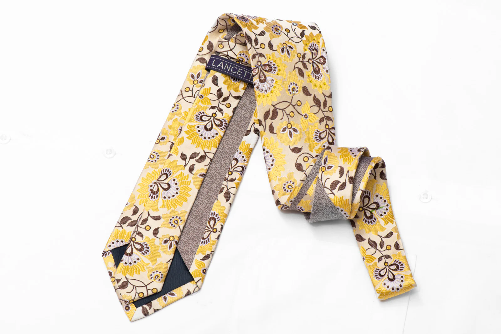 Yellow Acanthus On Gold Rhinestone Silk Necktie With Silver Sparkles - Image 3