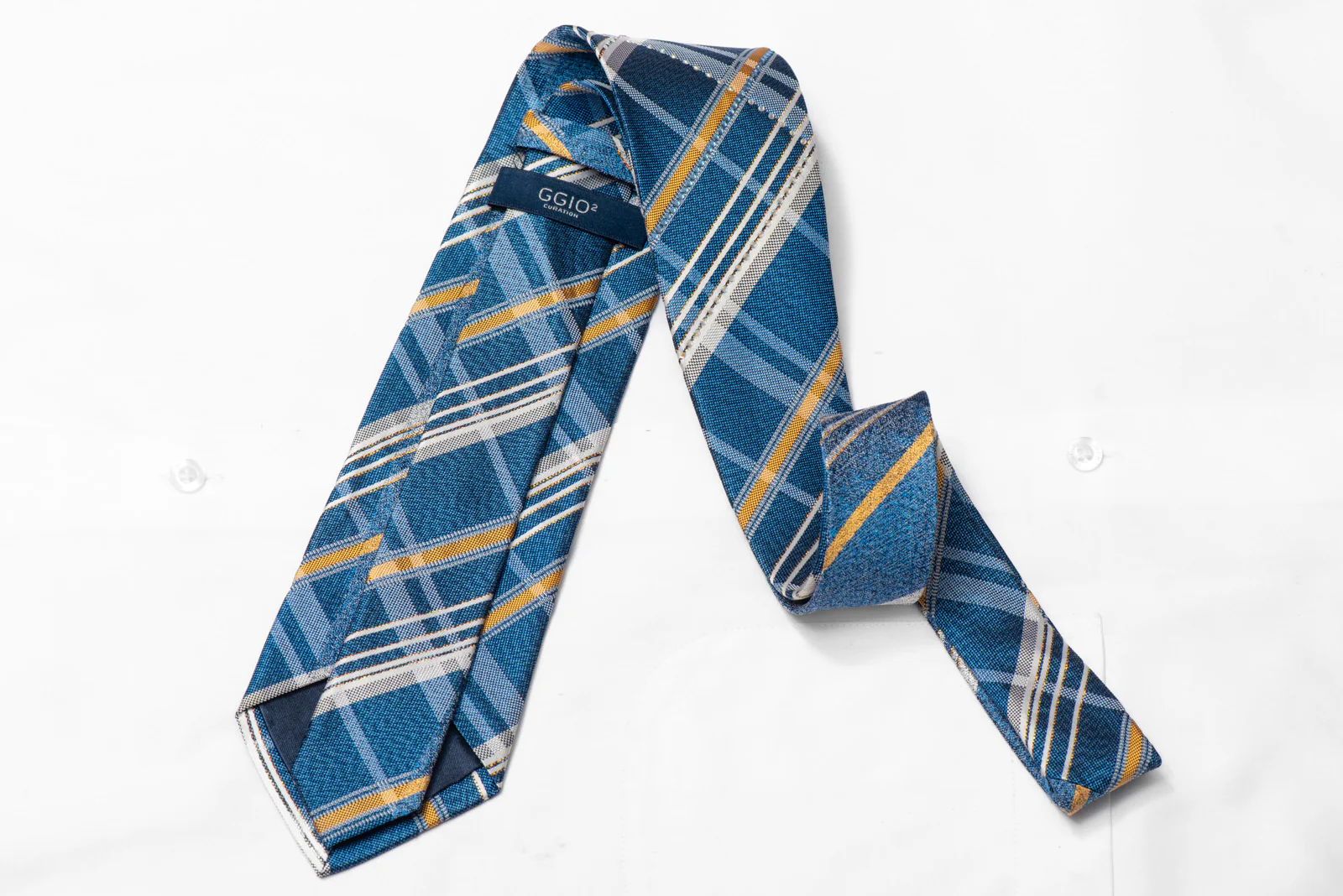 Yellow Blue Silver Plaid Rhinestone Silk Necktie With Gold Sparkles - Image 3
