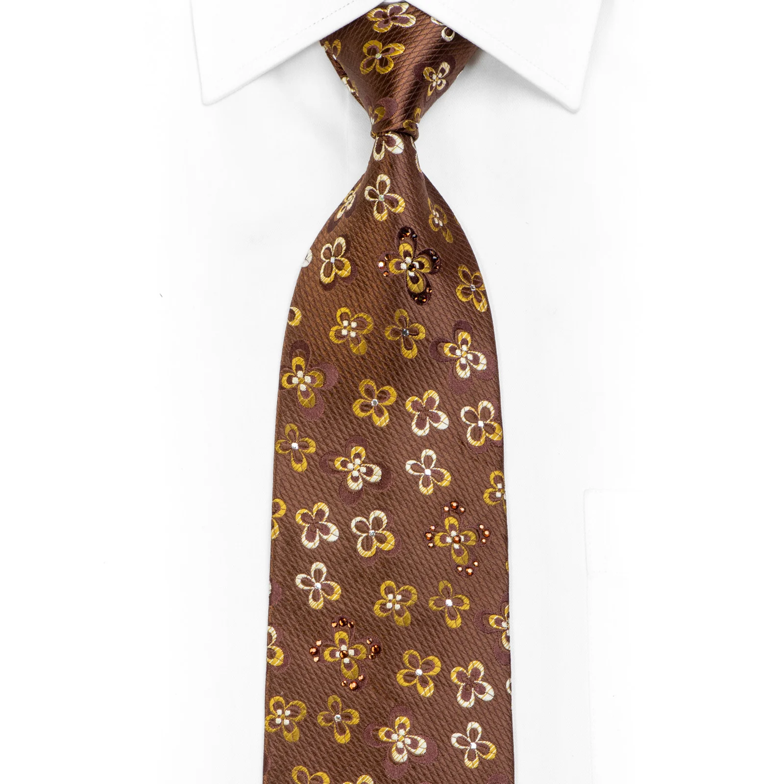 Yellow Floral On Brown Rhinestone Silk Necktie With Silver Sparkles