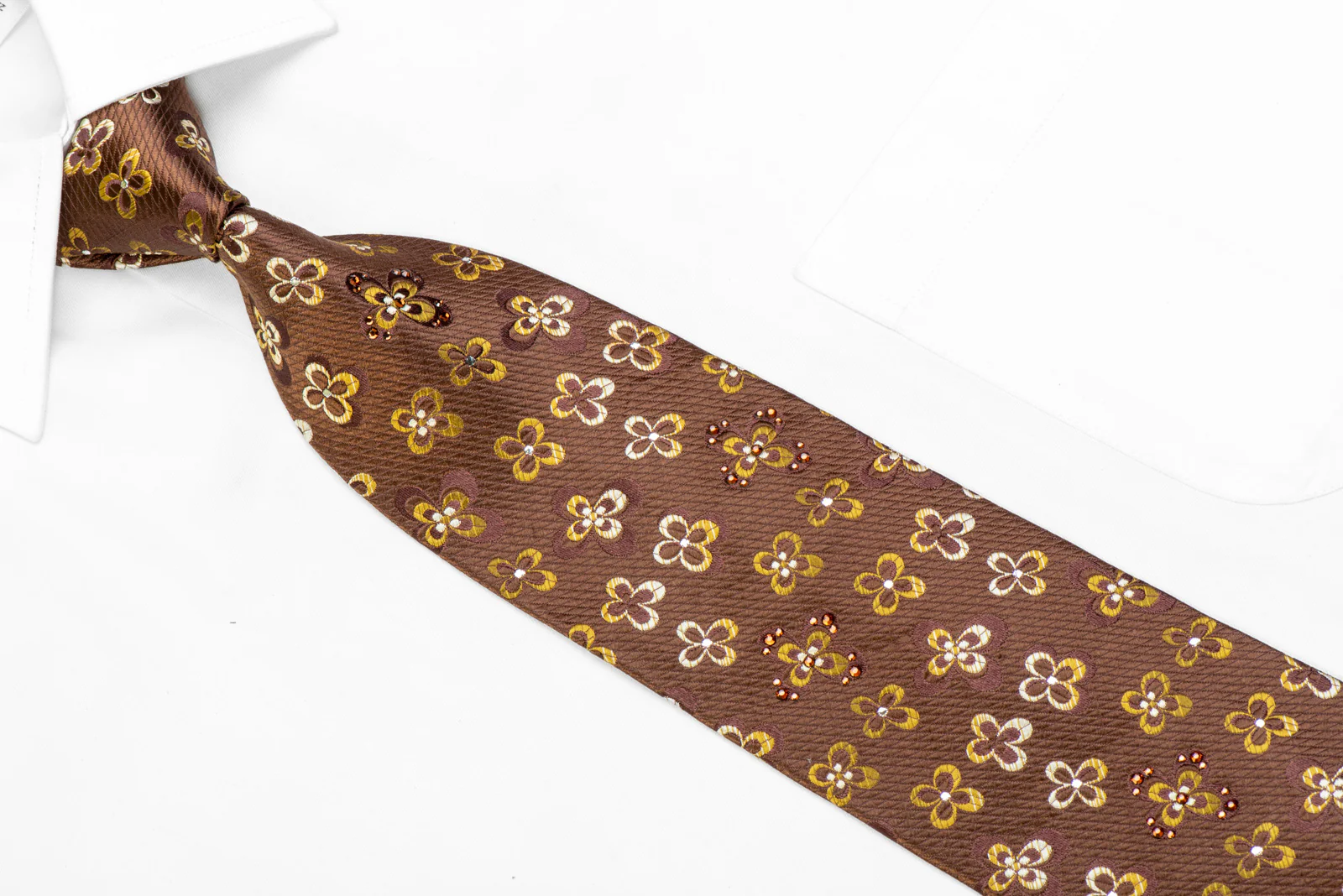 Yellow Floral On Brown Rhinestone Silk Necktie With Silver Sparkles - Image 2