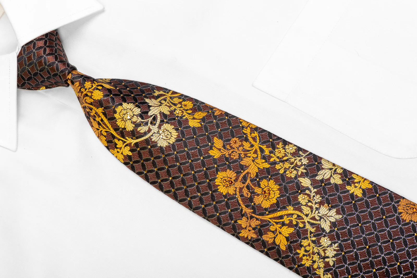Yellow Floral On Brown Rhinestone Silk Necktie With Silver Sparkles - Image 2
