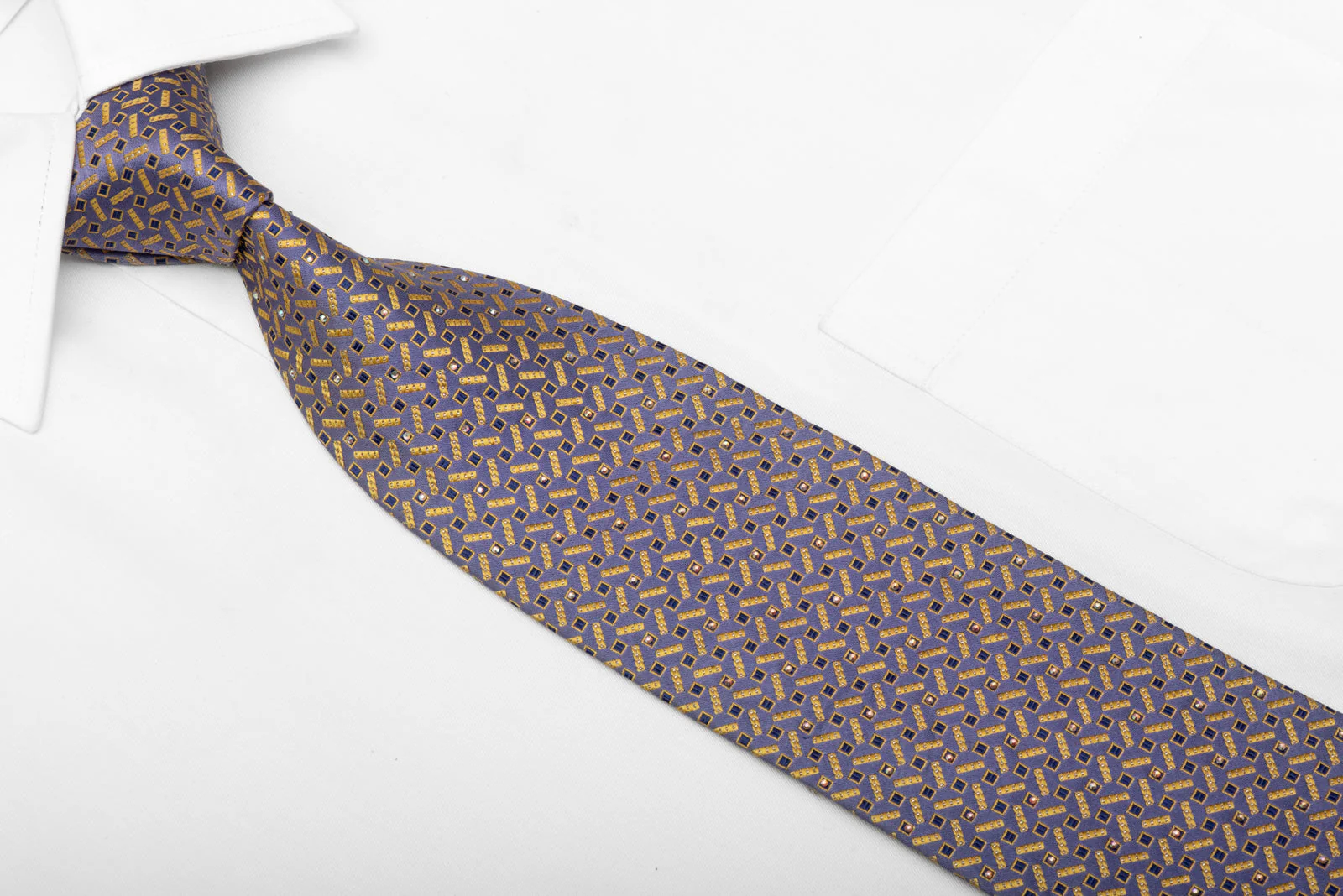 Yellow Geometric On Blue Rhinestone Tie With Silver Sparkles - Image 2