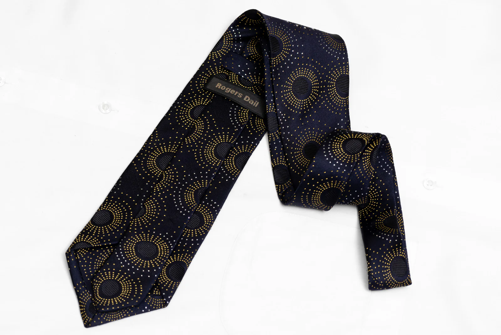 Yellow Geometric On Navy Rhinestone Silk Necktie With Silver Sparkles - Image 4