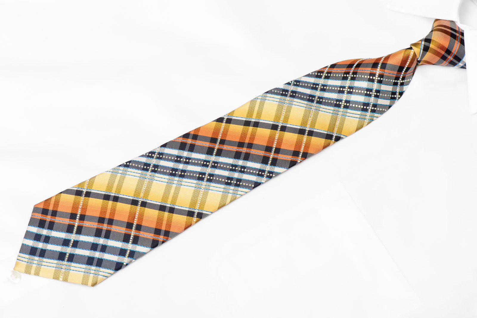 Yellow Orange Navy Silver Plaid Rhinestone Silk Tie With Blue Sparkles - Image 2