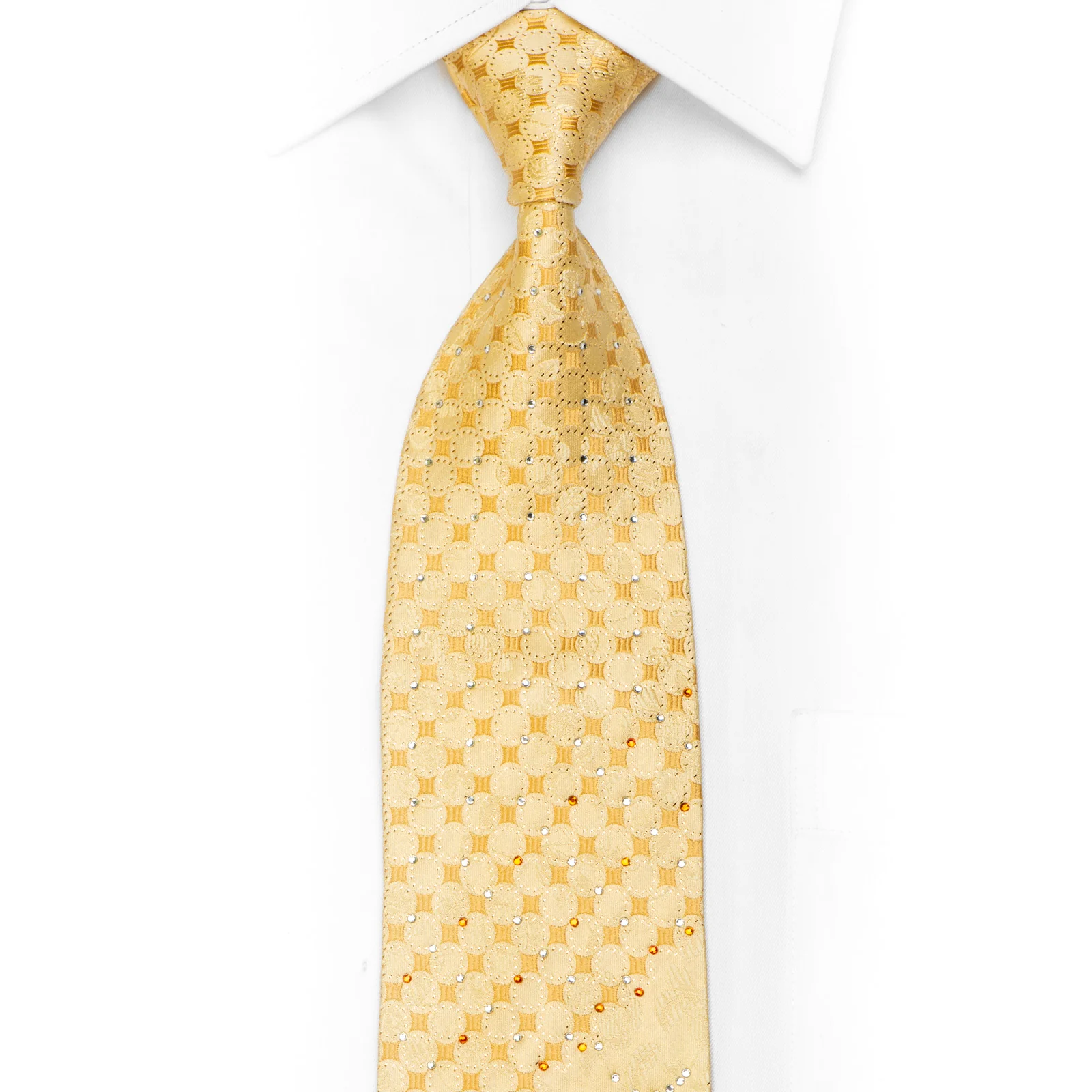 Yellow Rhinestone Silk Necktie Geometric Floral On Yellow With Gold Sparkles