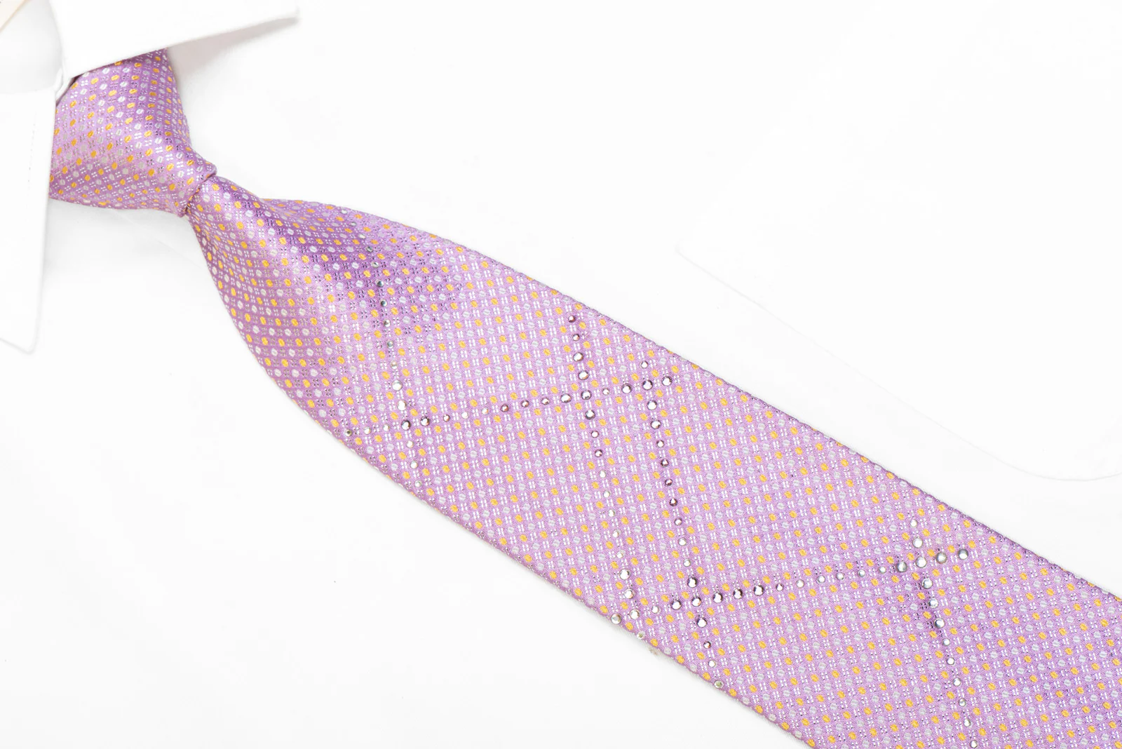 Yellow Silver Micro Dots On Mauve Rhinestone Silk Necktie With Sparkles - Image 2