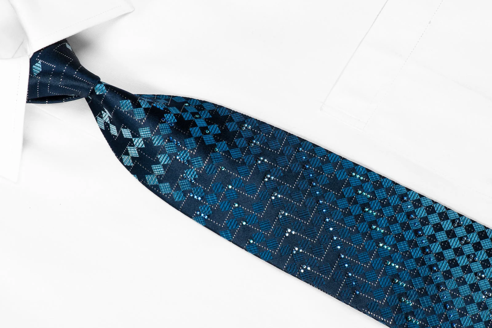 Yezak Men's Crystal Silk Necktie Blue Checkered With Silver Sparkles - Image 3
