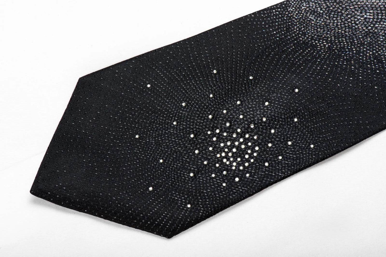 Yezak Men's Crystal Silk Necktie Silver Geometric On Black With Silver Sparkles - Image 3