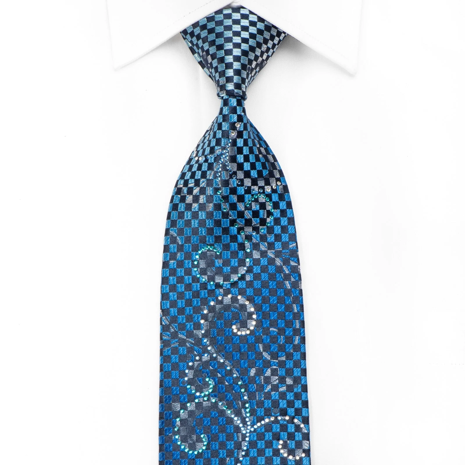 Yezak Men's Crystal Silk Tie Blue Navy Scrolls & Checker With Silver Sparkles