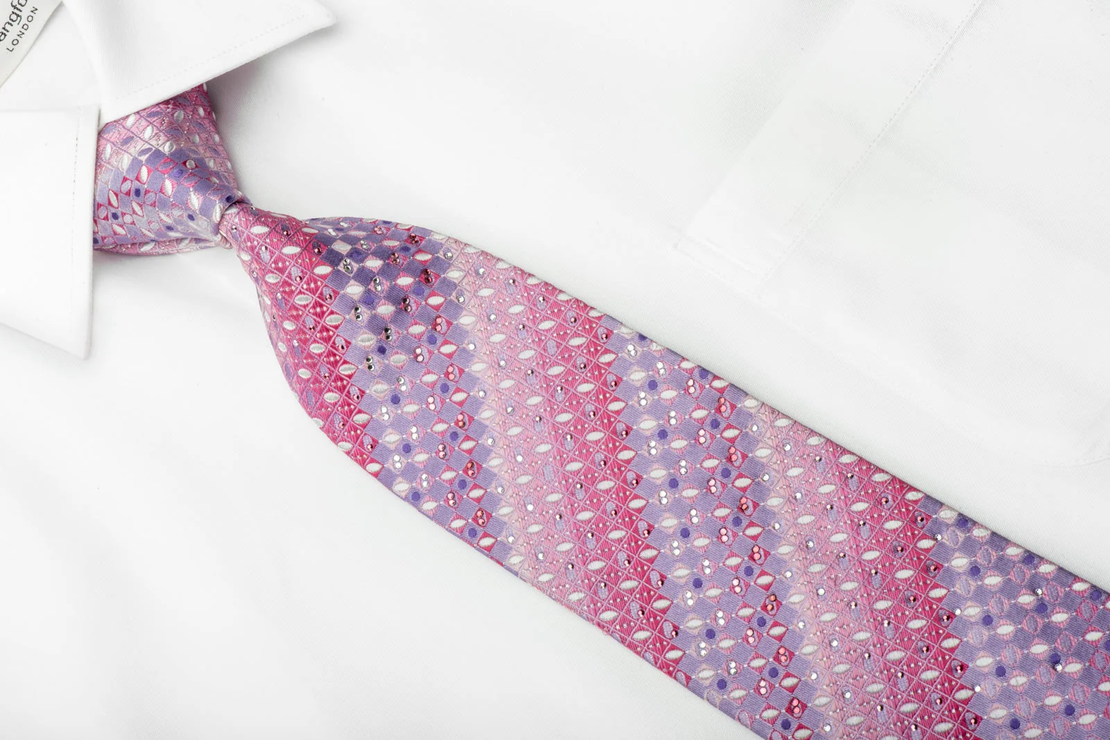 Yezak Men's Silk Crystal Necktie Mauve Pink Checkered With Silver Sparkles - Image 2