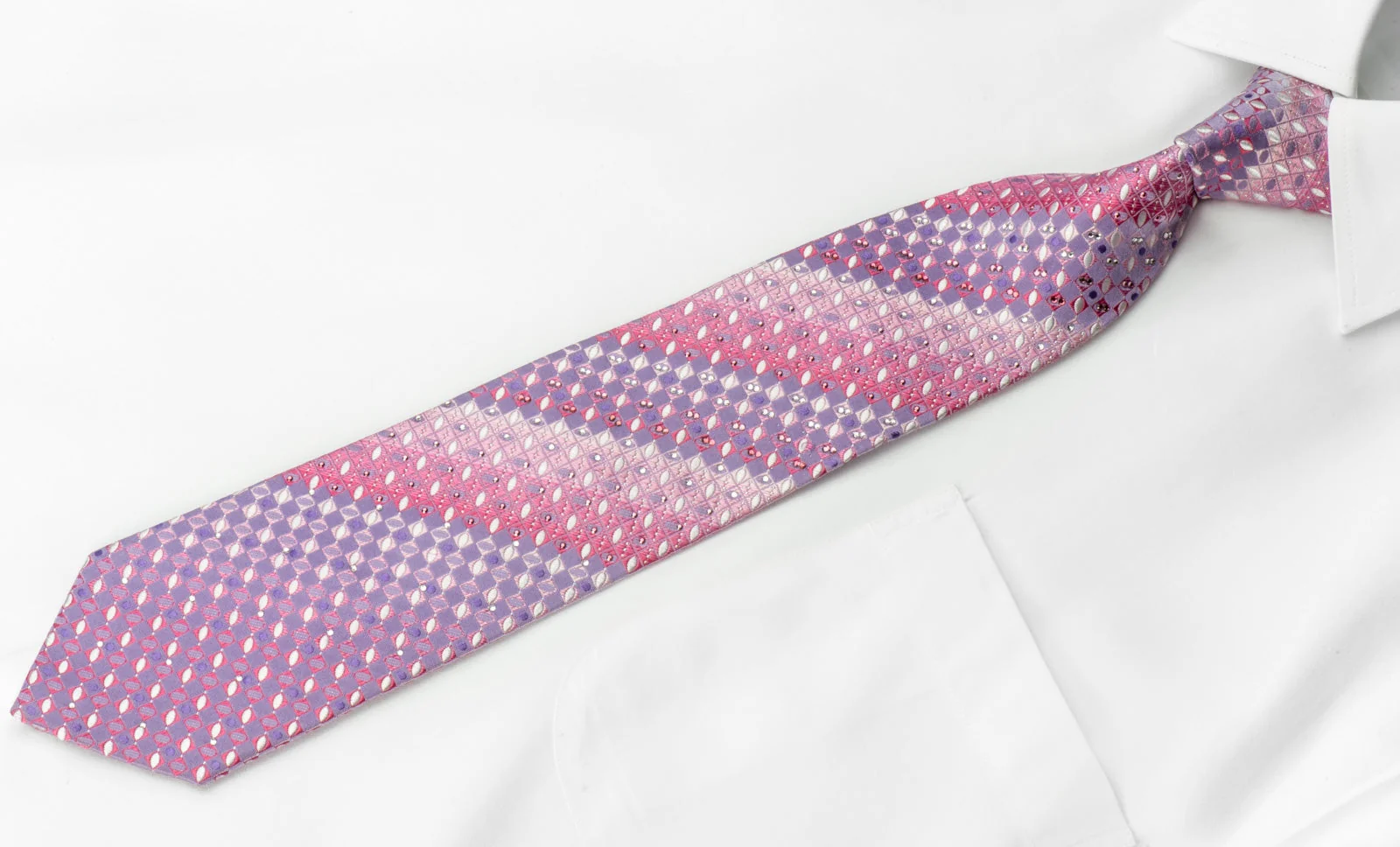 Yezak Men's Silk Crystal Necktie Mauve Pink Checkered With Silver Sparkles - Image 3