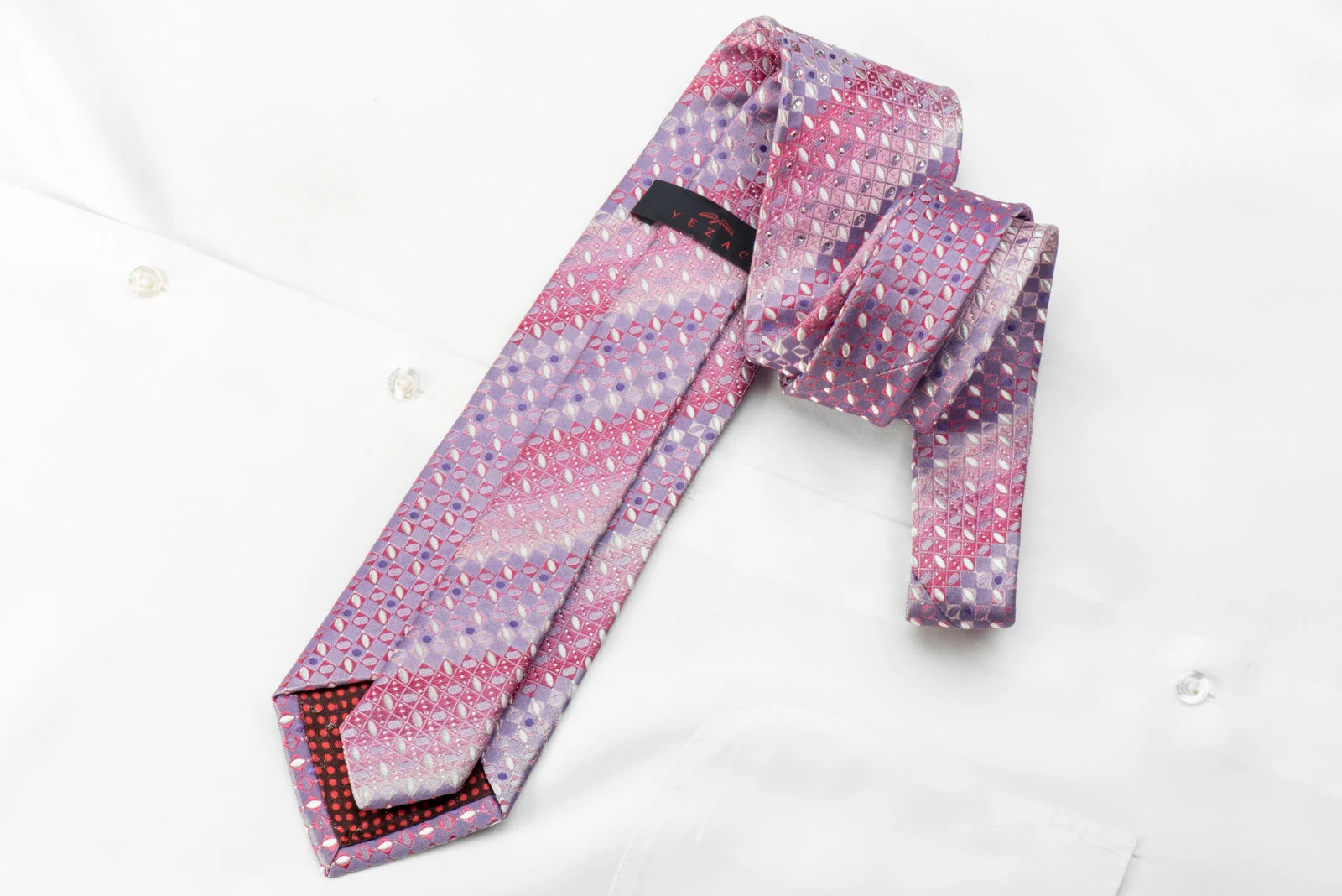 Yezak Men's Silk Crystal Necktie Mauve Pink Checkered With Silver Sparkles - Image 4