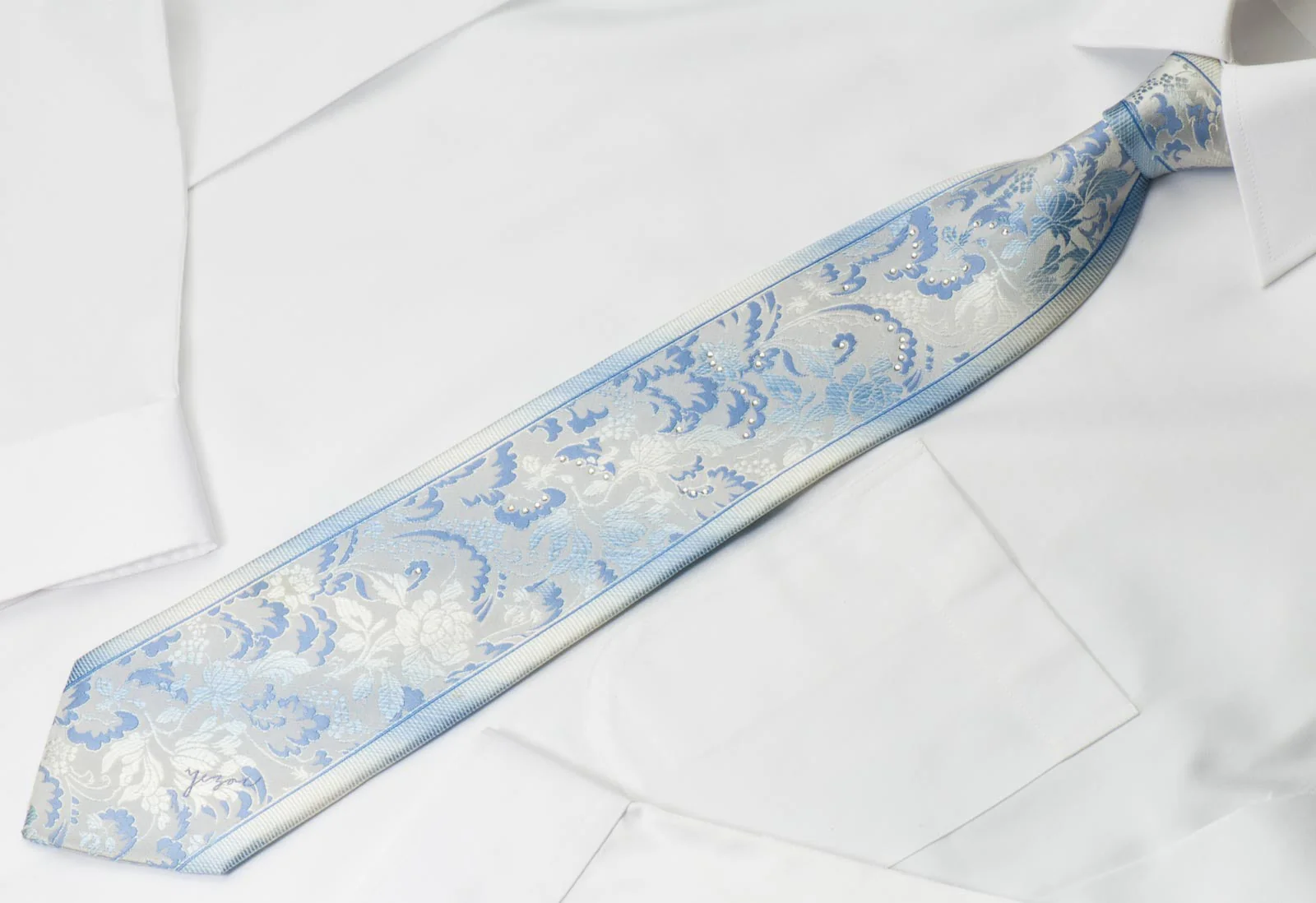Yezak Men's Silk Necktie Floral On Light Blue With Rhinestones - Image 4