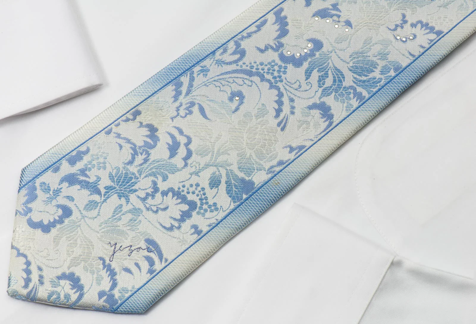 Yezak Men's Silk Necktie Floral On Light Blue With Rhinestones - Image 5