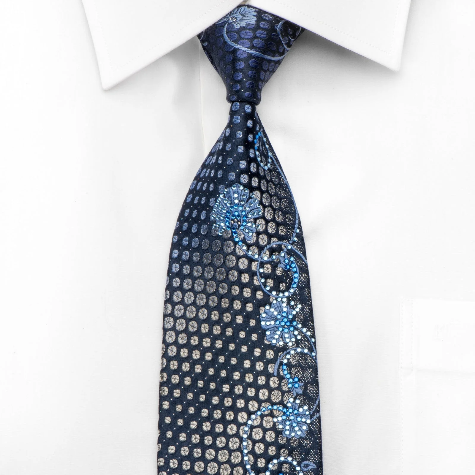 Yezak Men's Silk Rhinestone Tie Dots & Floral On Blue With Silver Sparkles