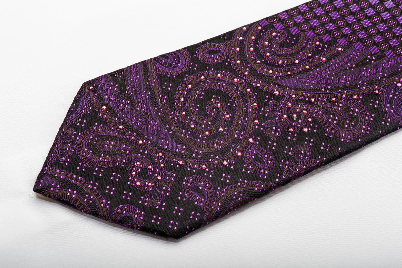 Yezak Mens Silk Necktie Checkered On Purple Sparkling With Rhinestones - Image 3