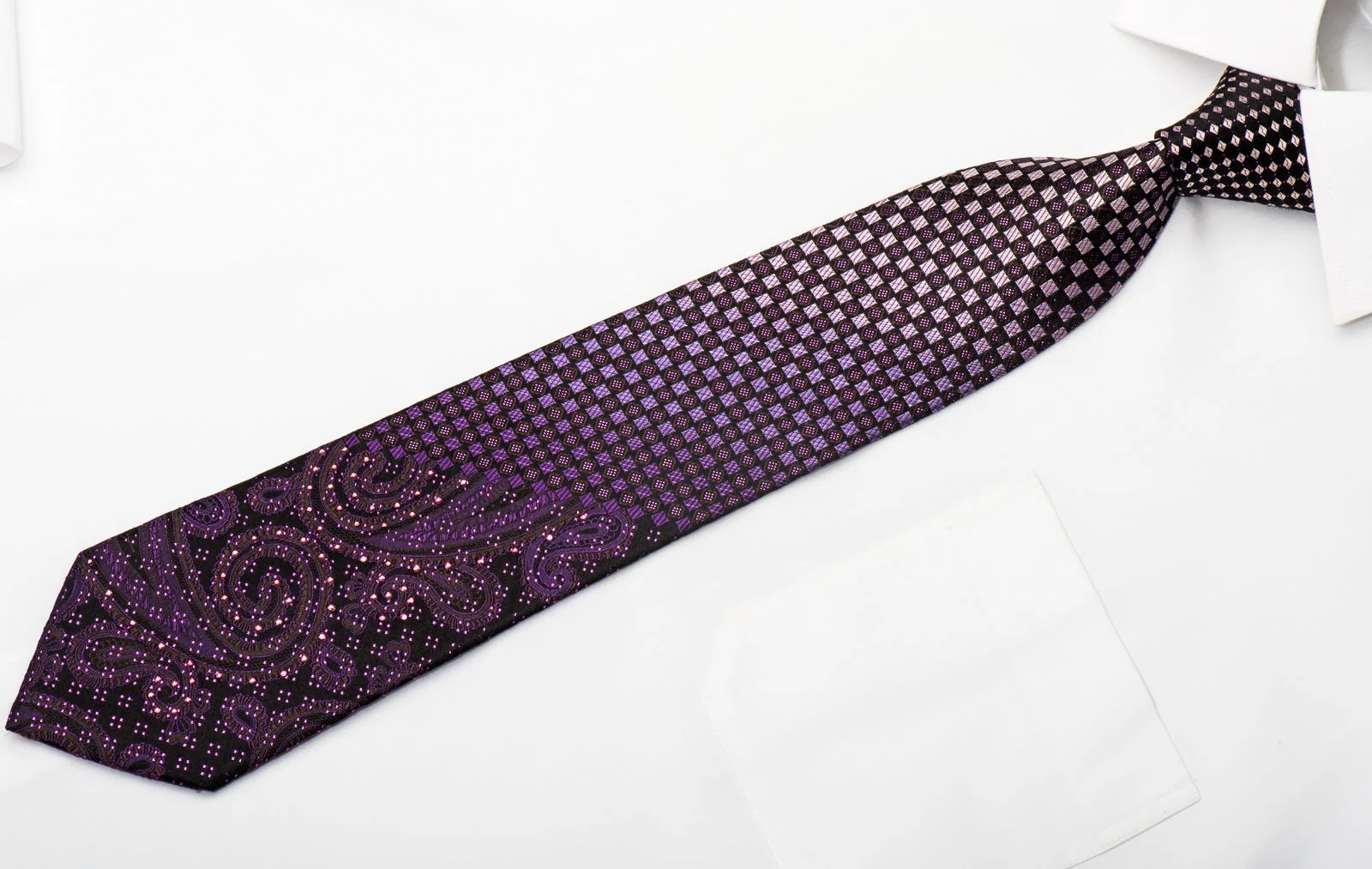 Yezak Mens Silk Necktie Checkered On Purple Sparkling With Rhinestones - Image 4