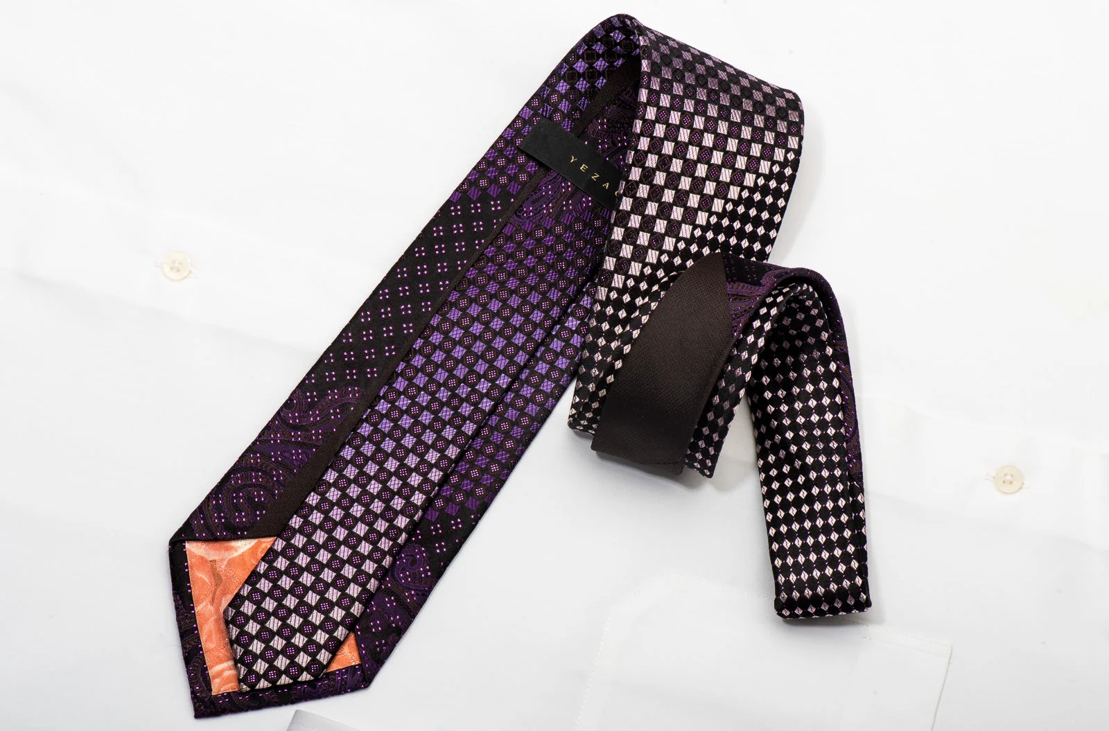 Yezak Mens Silk Necktie Checkered On Purple Sparkling With Rhinestones - Image 5