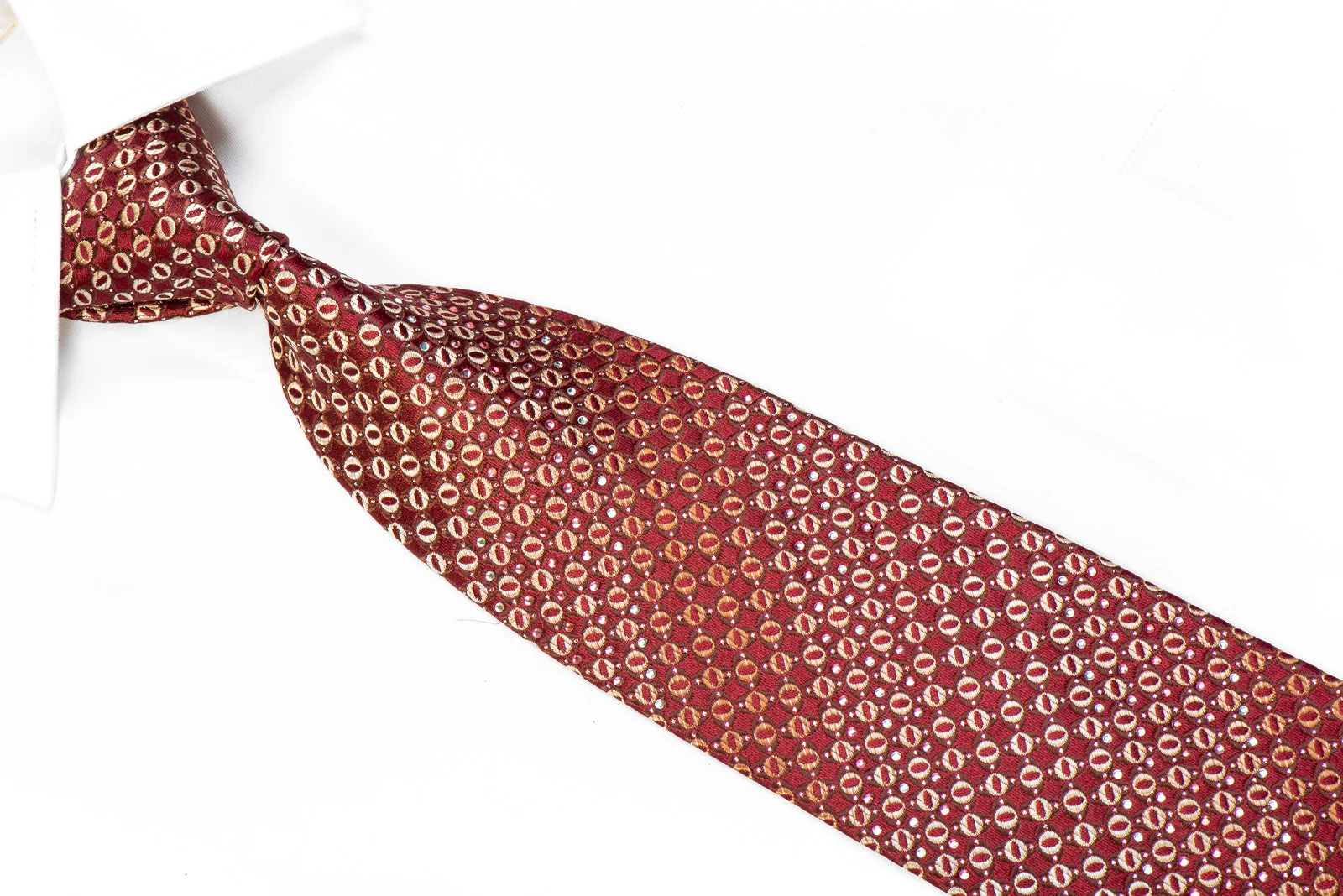 Yezak Rhinestone Silk Necktie Golden Geometric On Burgundy With Silver Sparkles - Image 2