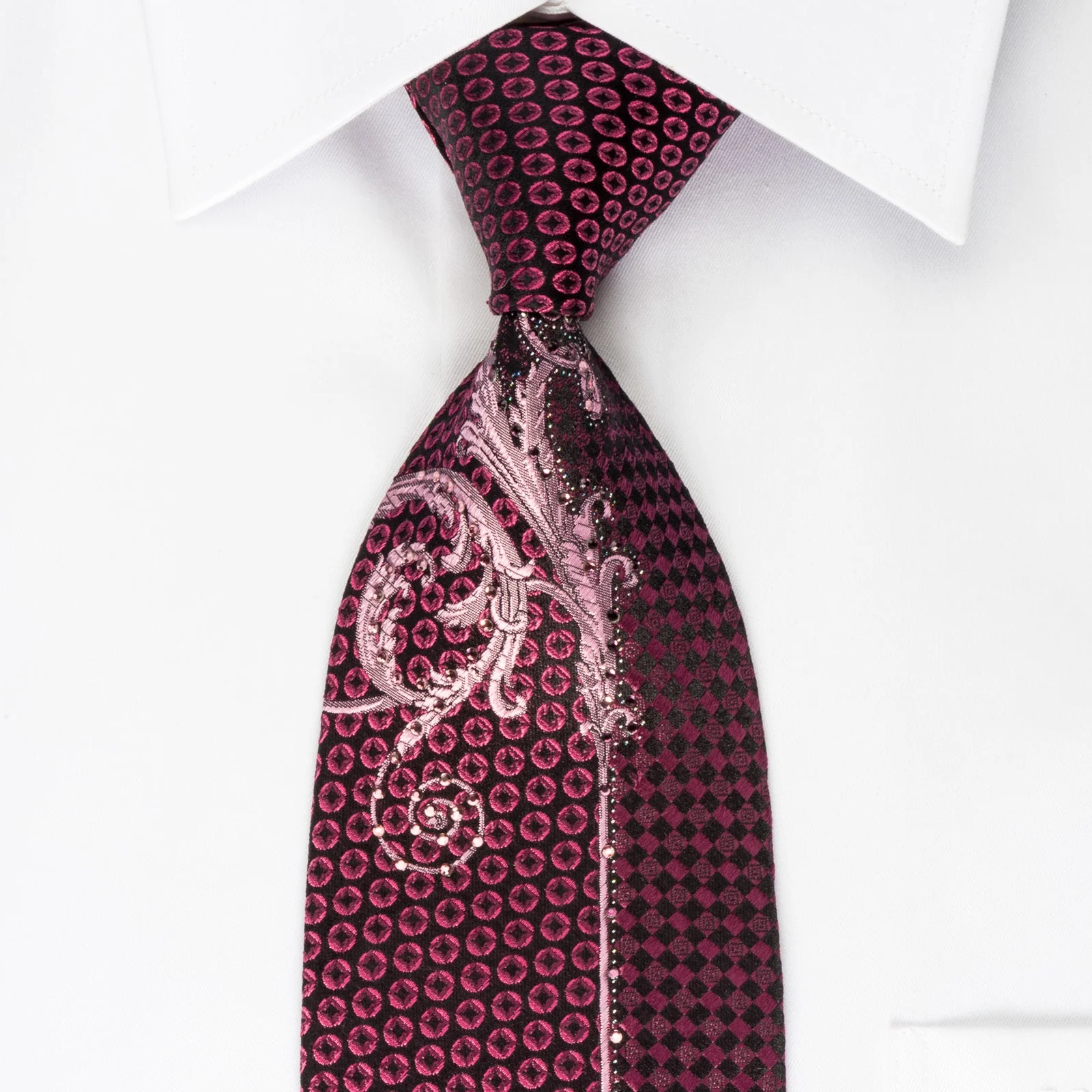 Yezak Rhinestone Silk Necktie Scrolls On Purple With Silver Sparkles