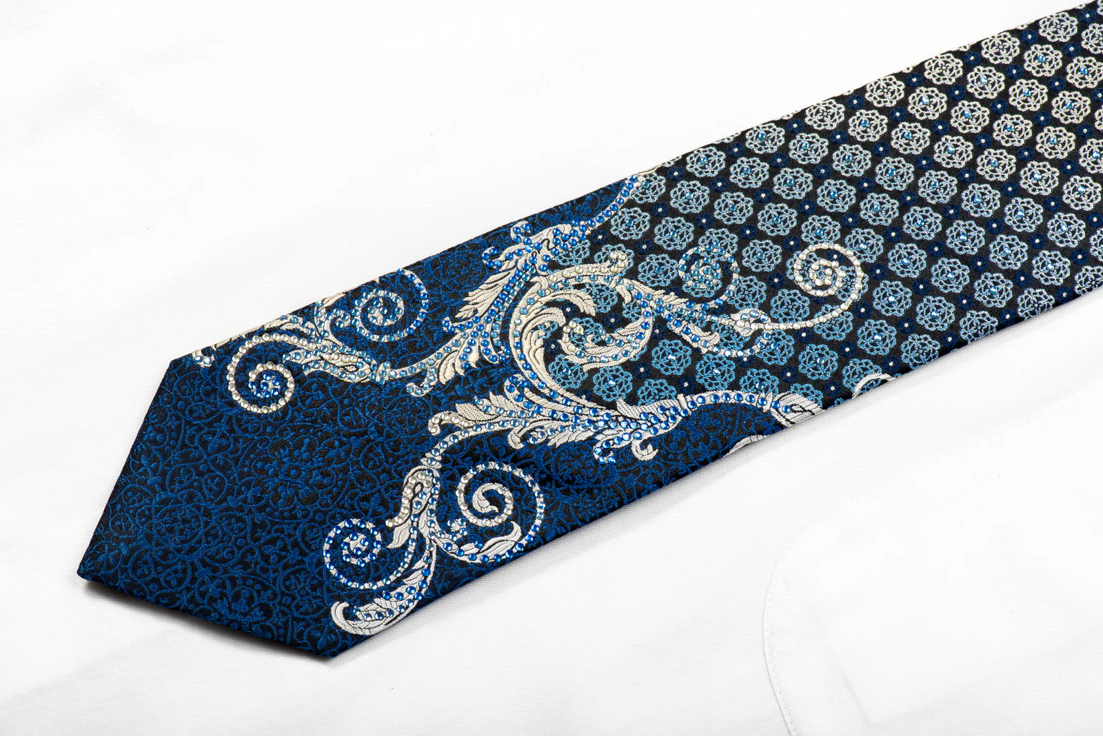 Yezak Rhinestone Silk Necktie Silver Scrolls Blue Cartouche On Black With Sparkles - Image 3