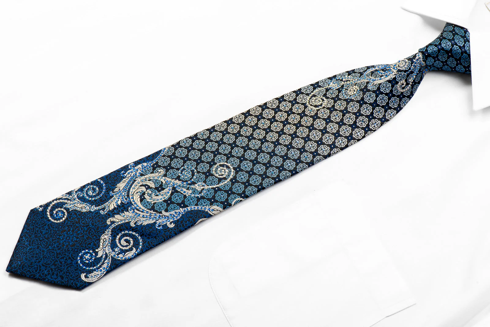 Yezak Rhinestone Silk Necktie Silver Scrolls Blue Cartouche On Black With Sparkles - Image 4