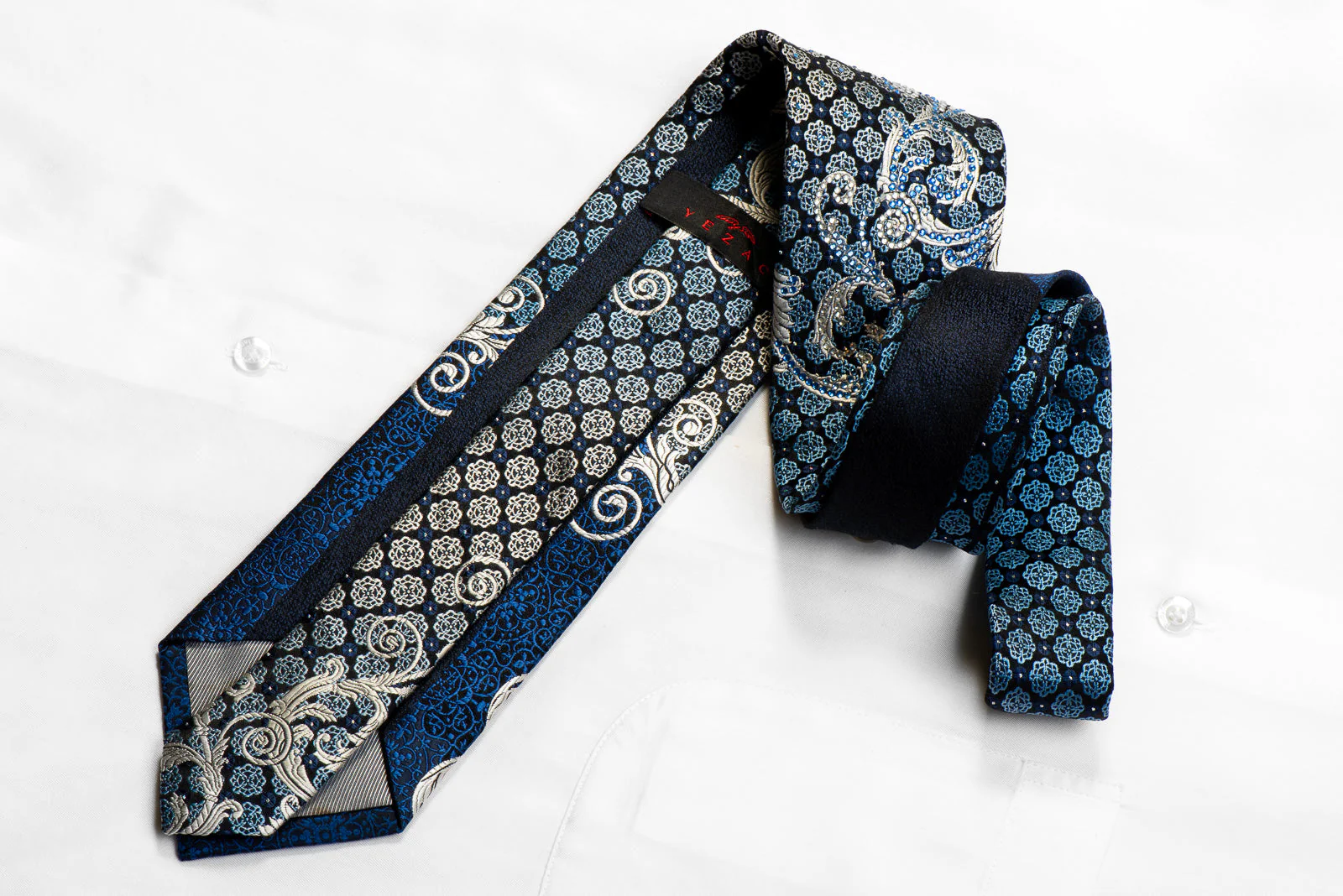 Yezak Rhinestone Silk Necktie Silver Scrolls Blue Cartouche On Black With Sparkles - Image 5