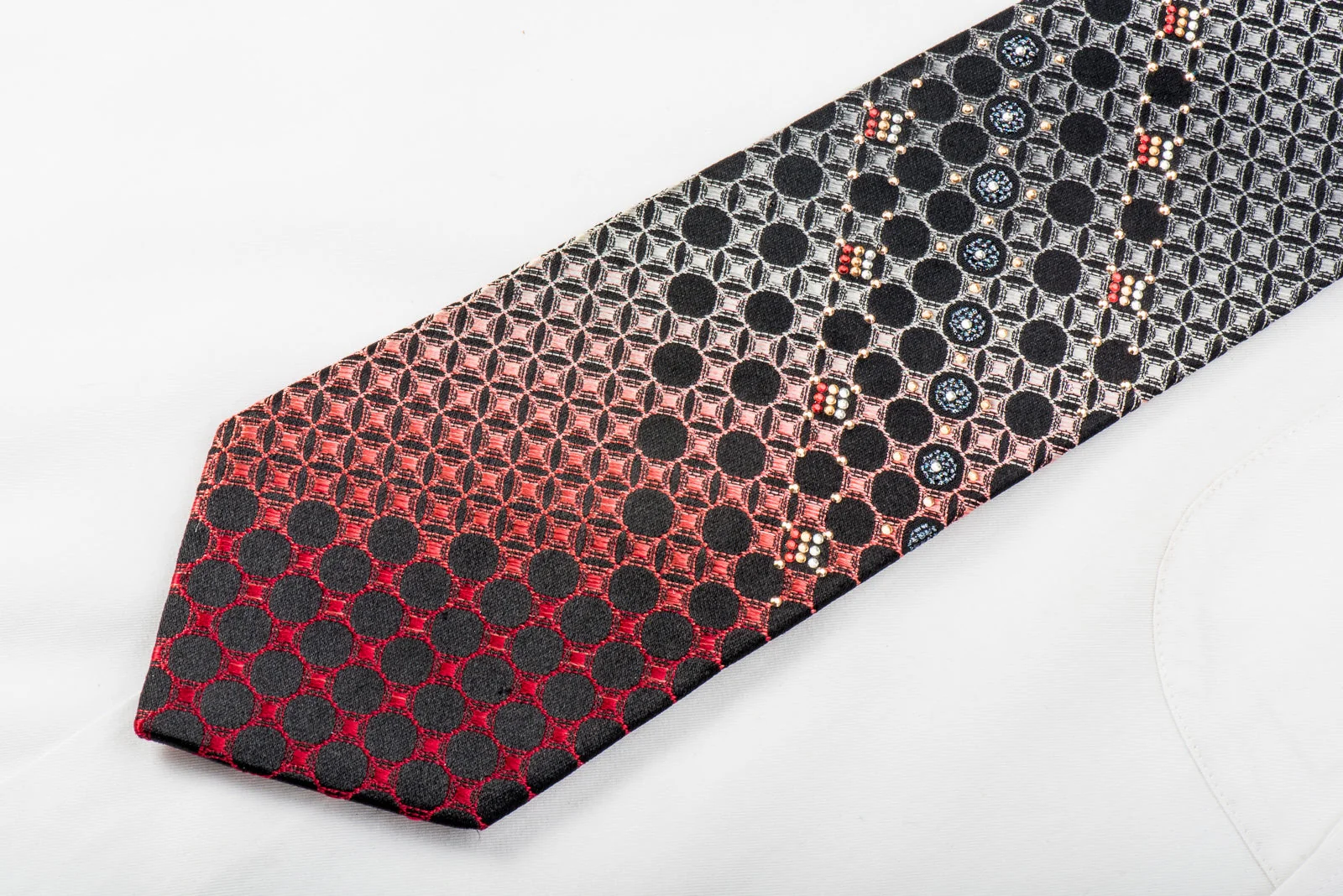 Yezak Mens Rhinestone Tie Silver Red Geometric Lattice On Black Silk - Image 2
