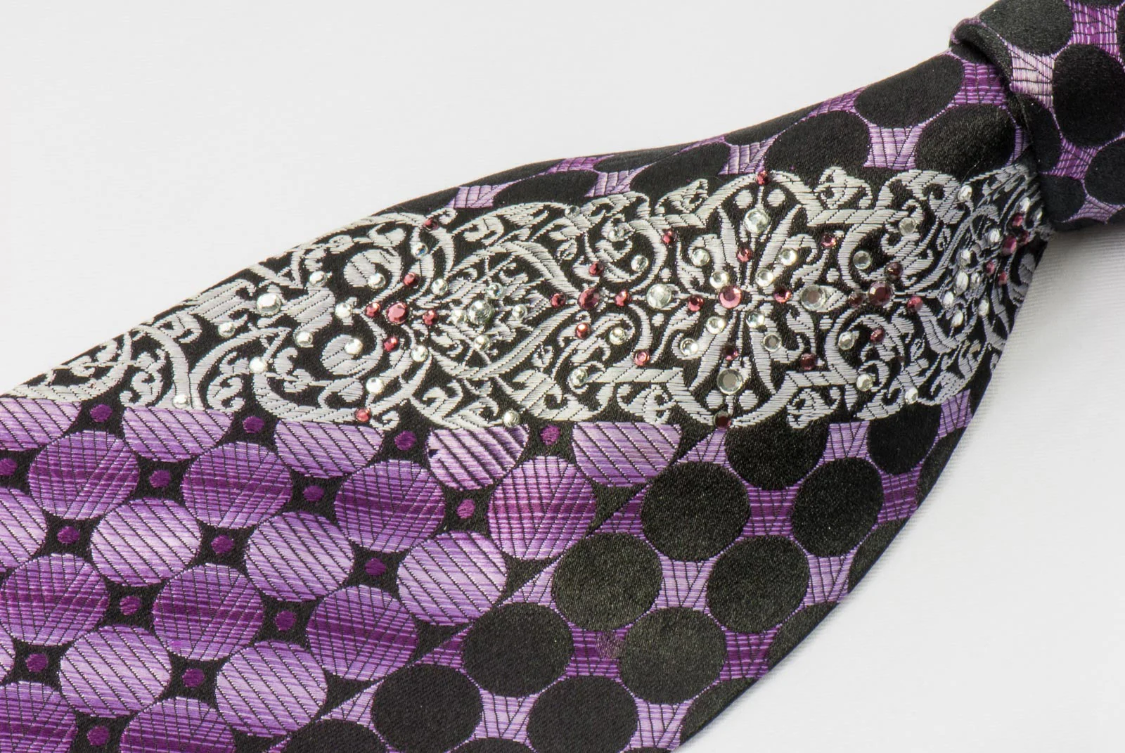 Yezak Silk Neck Tie Purple Geometric Dots On Black With Rhinestones - Image 5