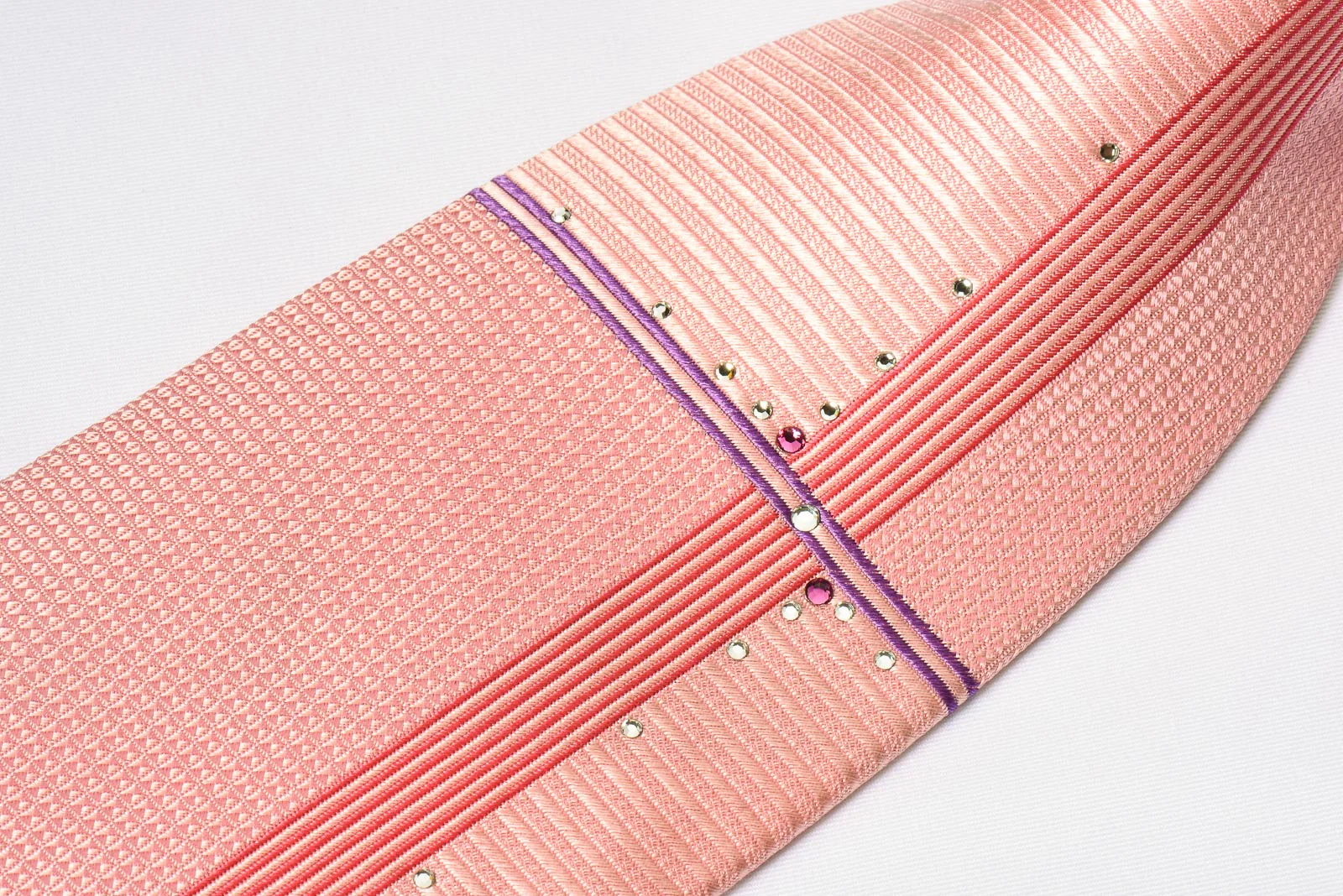 Yezak Silk Necktie Vertical Stipes On Pink With Rhinestones - Image 4