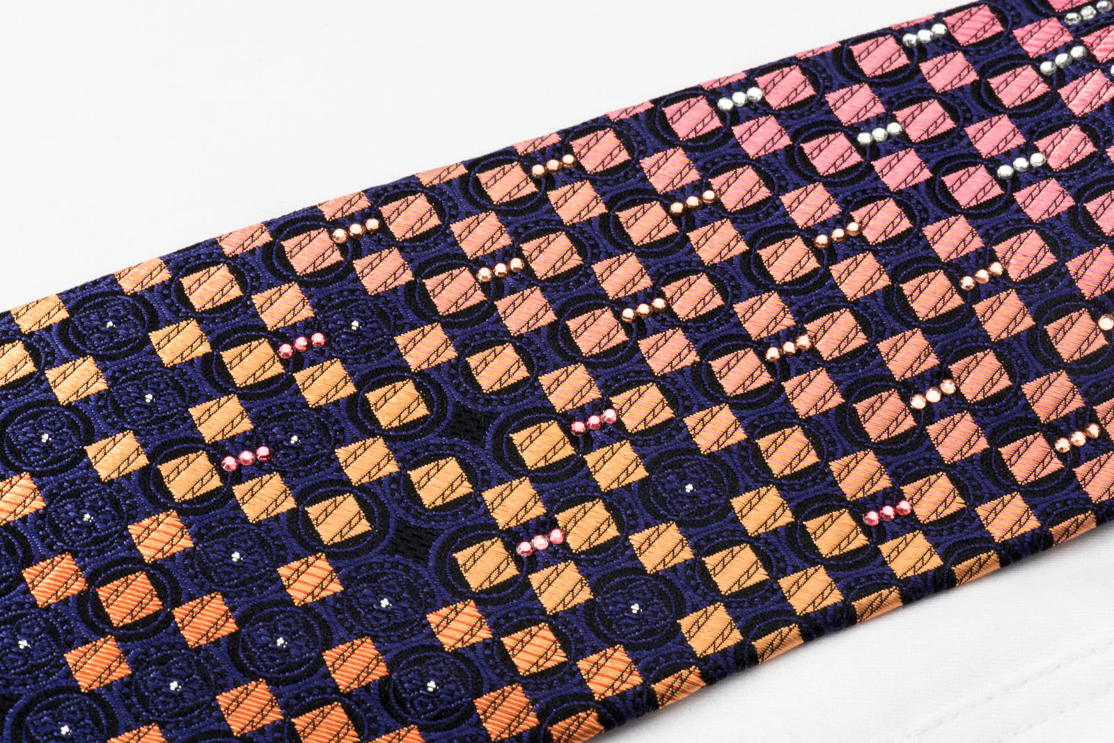 Yezak Silk Rhinestone Necktie Orange Pink Checker On Blue With Silver Sparkles - Image 2