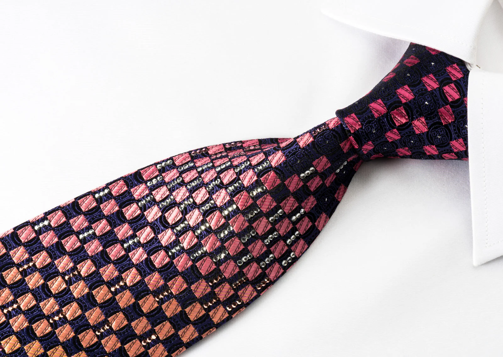 Yezak Silk Rhinestone Necktie Orange Pink Checker On Blue With Silver Sparkles - Image 3