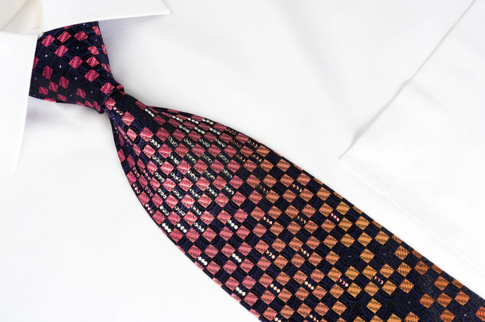 Yezak Silk Rhinestone Necktie Orange Pink Checker On Blue With Silver Sparkles - Image 4