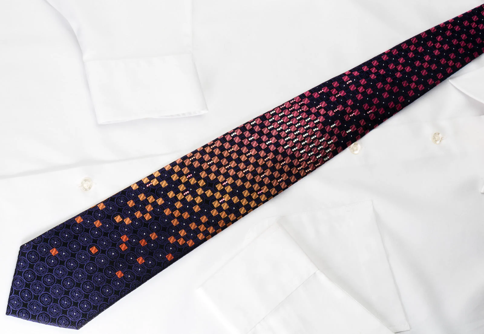 Yezak Silk Rhinestone Necktie Orange Pink Checker On Blue With Silver Sparkles - Image 6
