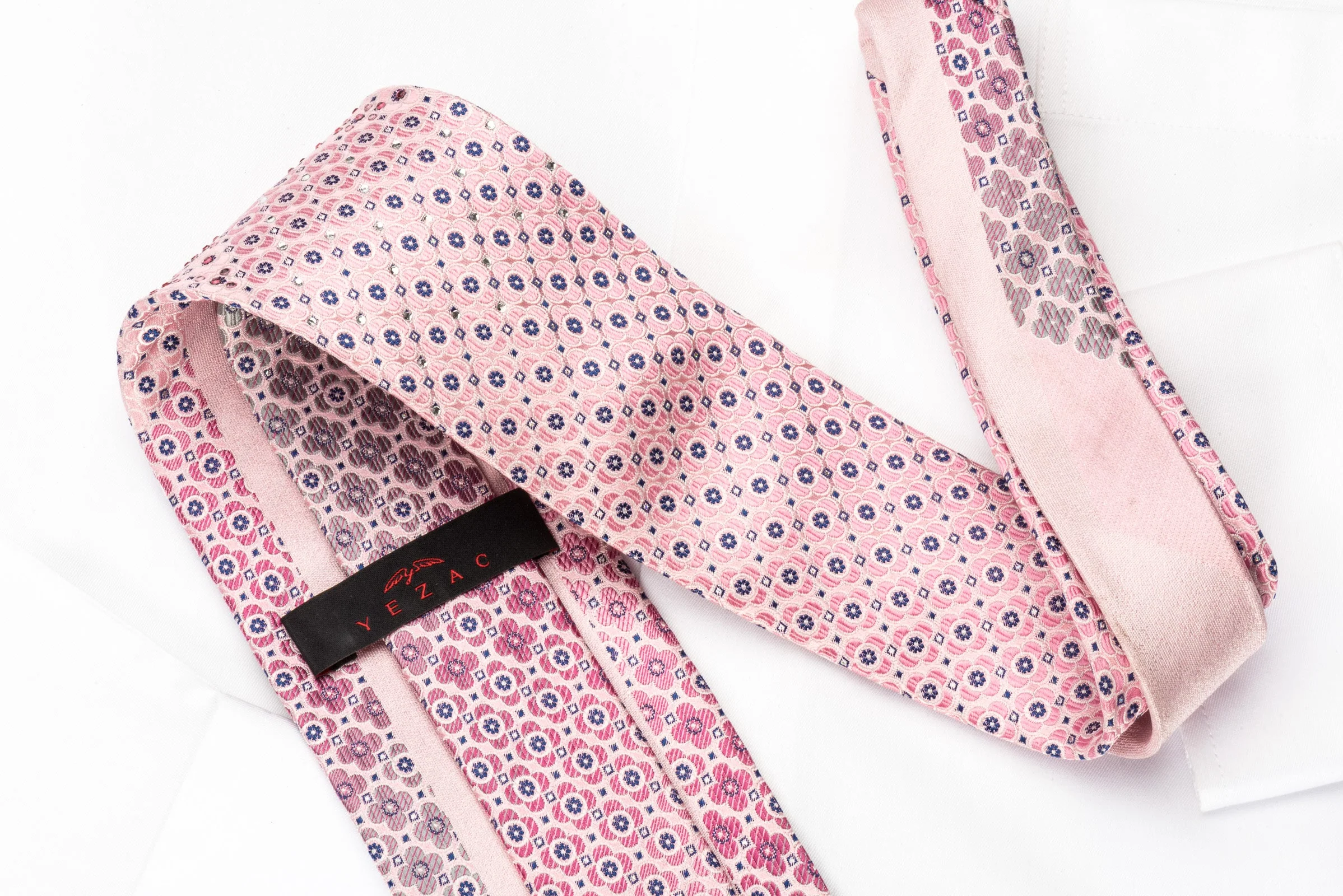 Yezak Silk Rhinestone Necktie Silver Floral Foulard On Pink With Sparkles - Image 2